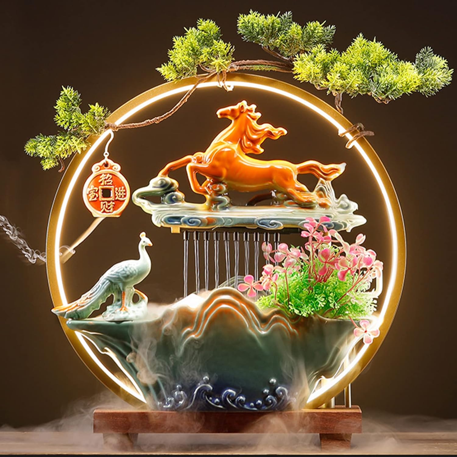 HSINYA Peacock Water Fountains Indoor Tabletop Waterfall with LED Light Desktop Fountain for Meditation with Mist Japanese Fountain with Fake Plants Feng Shui Office Home Decor for Good Luck Wealth