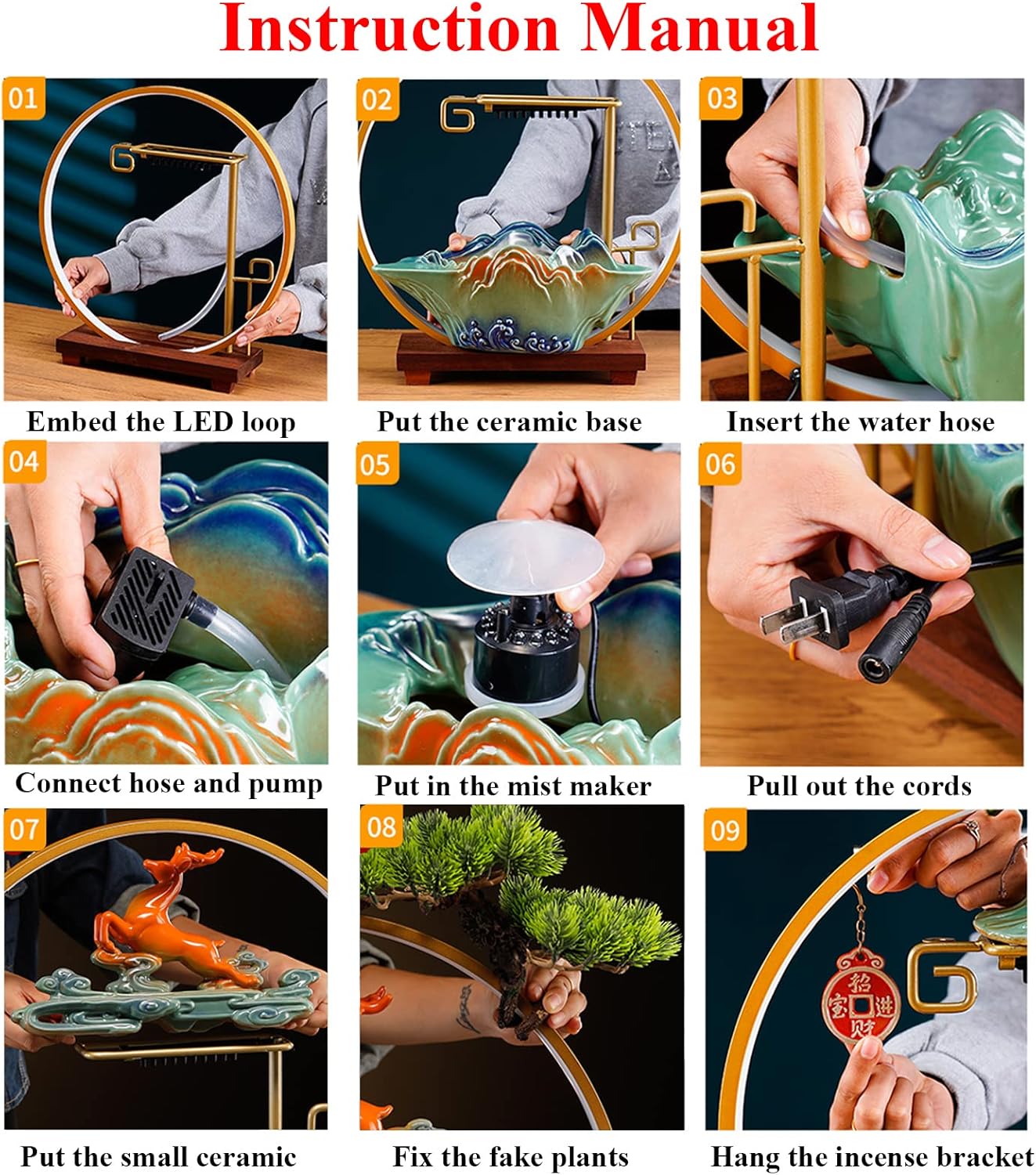 Peacock Water Fountains Indoor Tabletop Waterfall with LED Light Desktop Fountain for Meditation with Mist Japanese Fountain with Fake Plants Feng Shui Office Home Decor for Good Luck Wealth