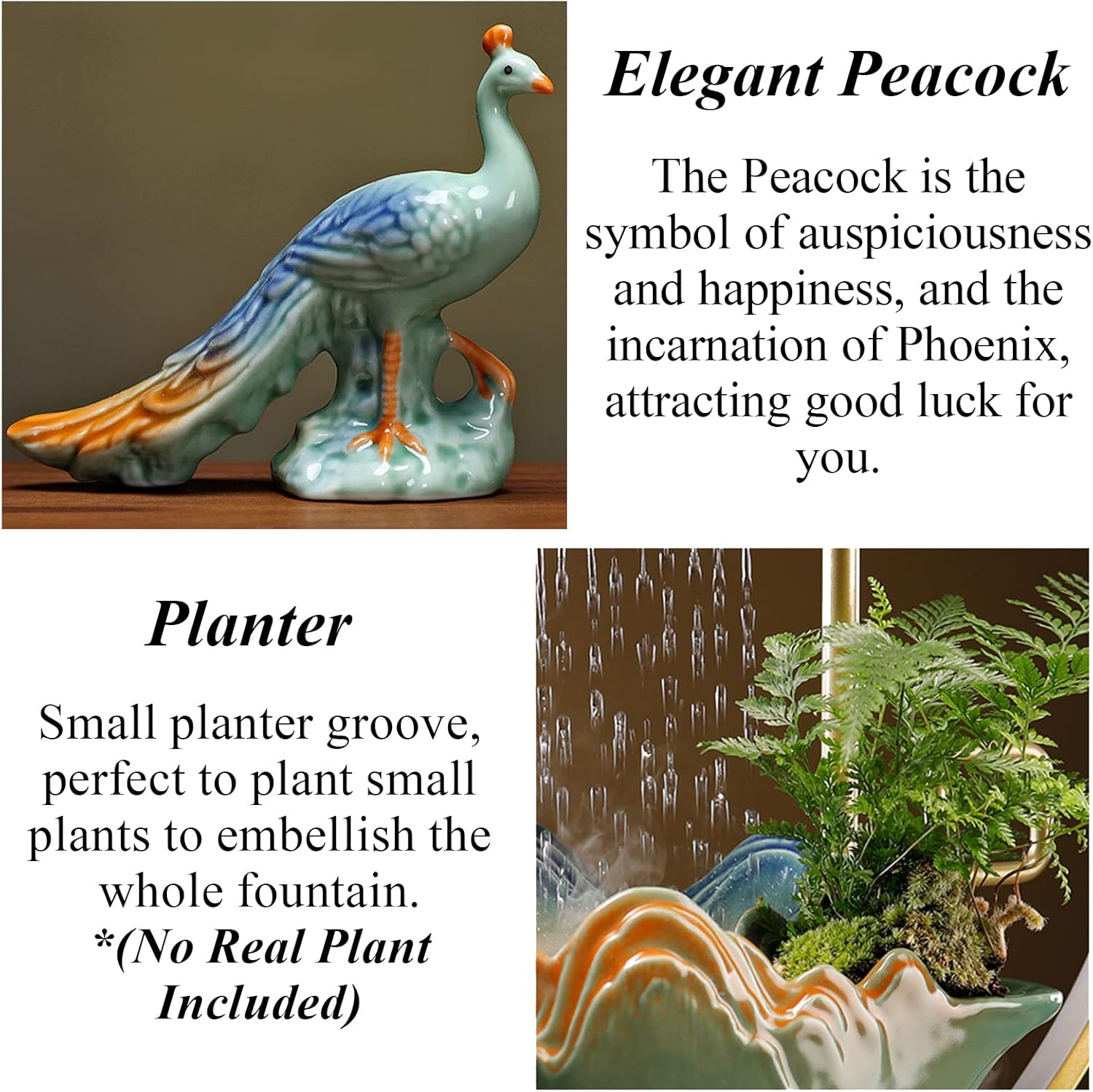 Peacock Water Fountains Indoor Tabletop Waterfall with LED Light Desktop Fountain for Meditation with Mist Japanese Fountain with Fake Plants Feng Shui Office Home Decor for Good Luck Wealth