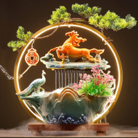 HSINYA Peacock Water Fountains Indoor Tabletop Waterfall with LED Light Desktop Fountain for Meditation with Mist Japanese Fountain with Fake Plants Feng Shui Office Home Decor for Good Luck Wealth