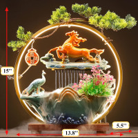 Peacock Water Fountains Indoor Tabletop Waterfall with LED Light Desktop Fountain for Meditation with Mist Japanese Fountain with Fake Plants Feng Shui Office Home Decor for Good Luck Wealth