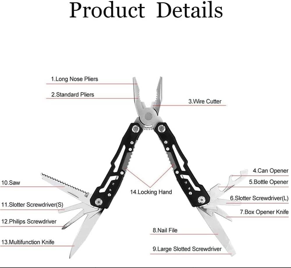 Multitool, 14 in 1 Multitool Pliers, Multi Tool Stainless Steel Pocket Multitool with Sheath, Multitools for Outdoor, Survival, Camping, Hiking, Simple Repair