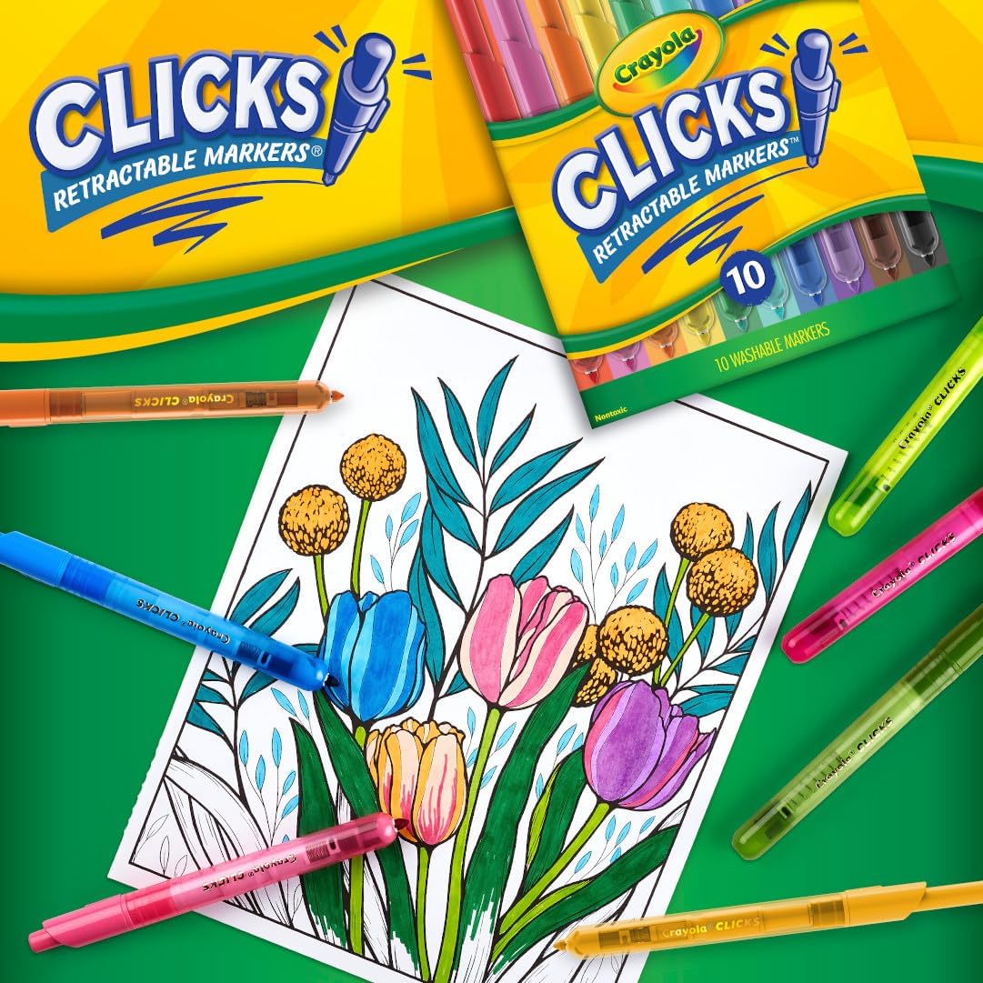 Crayola Clicks Retractable Tip Marker Set for Kids (10ct), Markers For School, Long Lasting Coloring Book Supplies, No Dry, Back to School Essentials, 6+ Classics