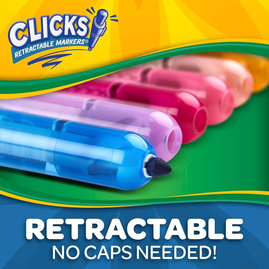 Crayola Clicks Retractable Tip Marker Set for Kids (10ct), Markers For School, Long Lasting Coloring Book Supplies, No Dry, Back to School Essentials, 6+ Classics