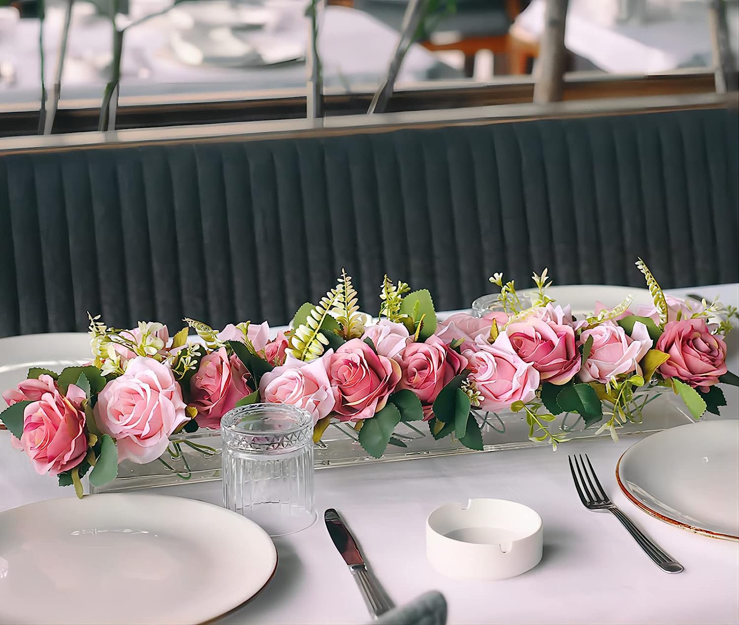 Clear Acrylic Flower Vase Rectangular Floral Centerpiece for Dining Table Long Rectangle Decorative Vase for Weddings Home Decor, Modern Dining Table Floral Decorative Vase (12 Holes) Without Lights-12 Holes