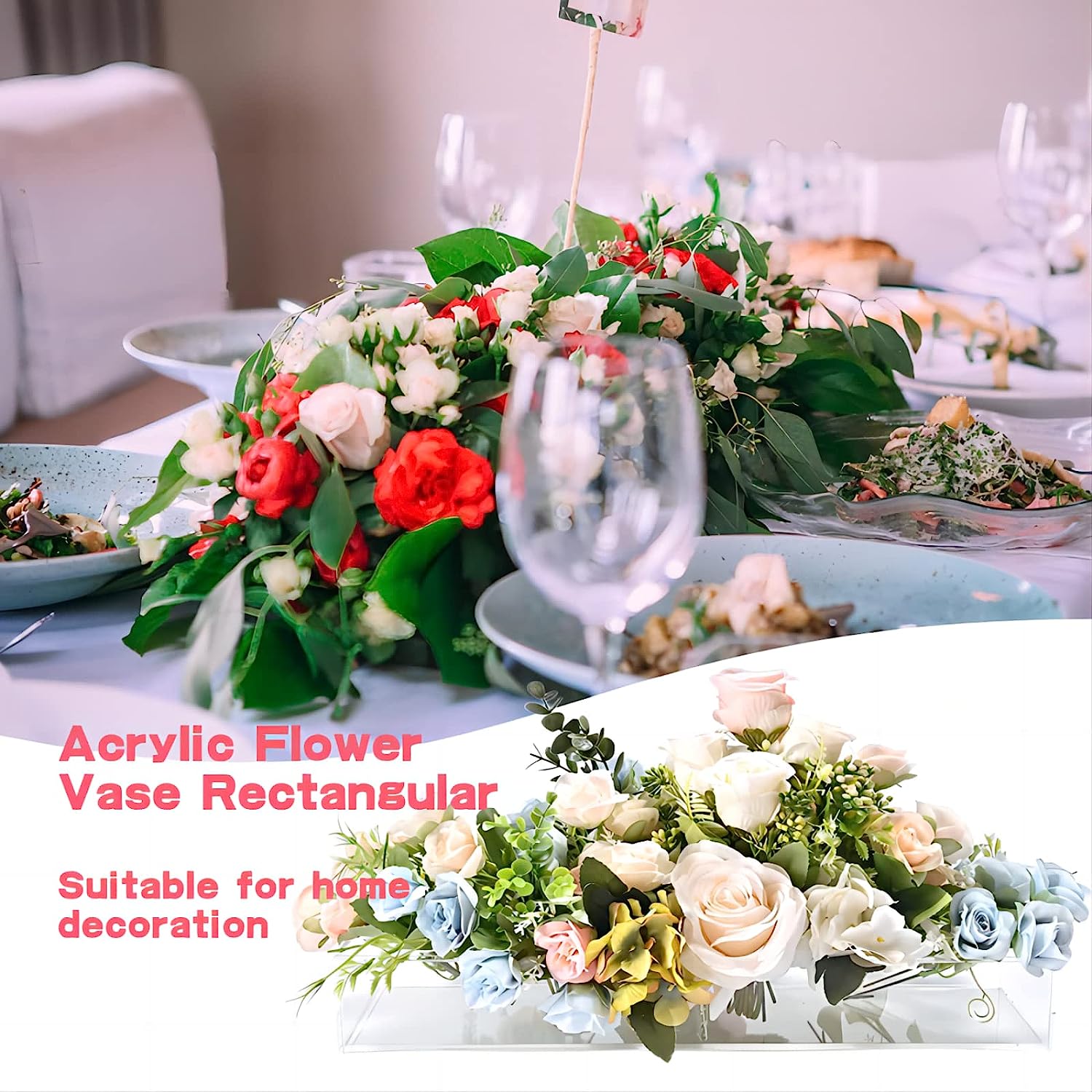 Clear Acrylic Flower Vase Rectangular Floral Centerpiece for Dining Table Long Rectangle Decorative Vase for Weddings Home Decor, Modern Dining Table Floral Decorative Vase (12 Holes) Without Lights-12 Holes