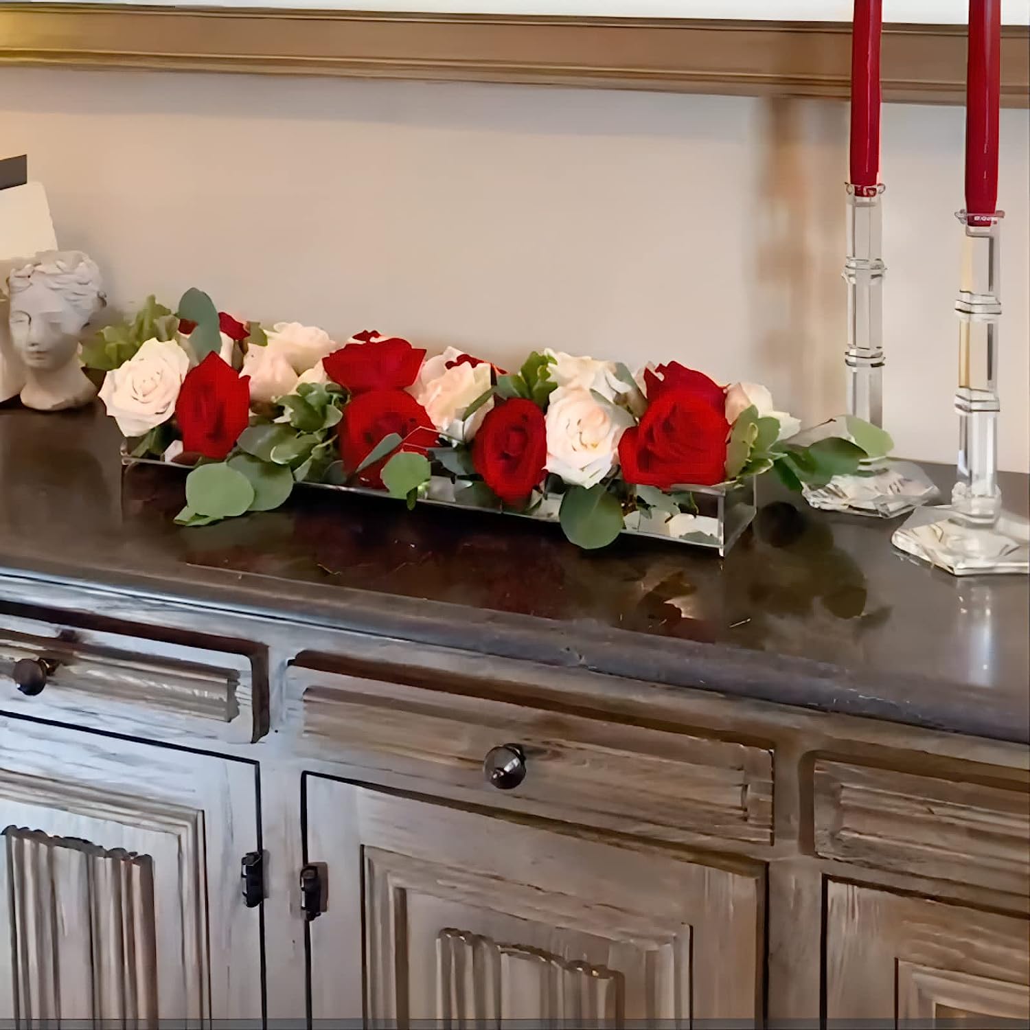 Clear Acrylic Flower Vase Rectangular Floral Centerpiece for Dining Table Long Rectangle Decorative Vase for Weddings Home Decor, Modern Dining Table Floral Decorative Vase (12 Holes) Without Lights-12 Holes