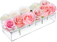 Clear Acrylic Flower Vase Rectangular Floral Centerpiece for Dining Table Long Rectangle Decorative Vase for Weddings Home Decor, Modern Dining Table Floral Decorative Vase (12 Holes) Without Lights-12 Holes
