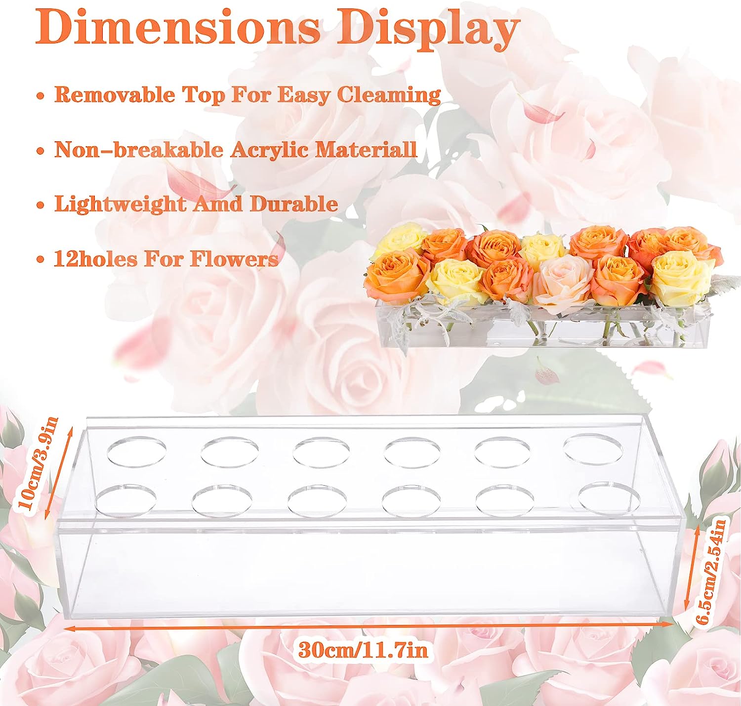 Clear Acrylic Flower Vase Rectangular Floral Centerpiece for Dining Table,11.7 Inch Long Rectangle Acrylic Vase for Home Wedding Dining Table Decor(12 Holes,Without Light) Transparent 30*10*6.5cm/11.7*3.9*2.54in
