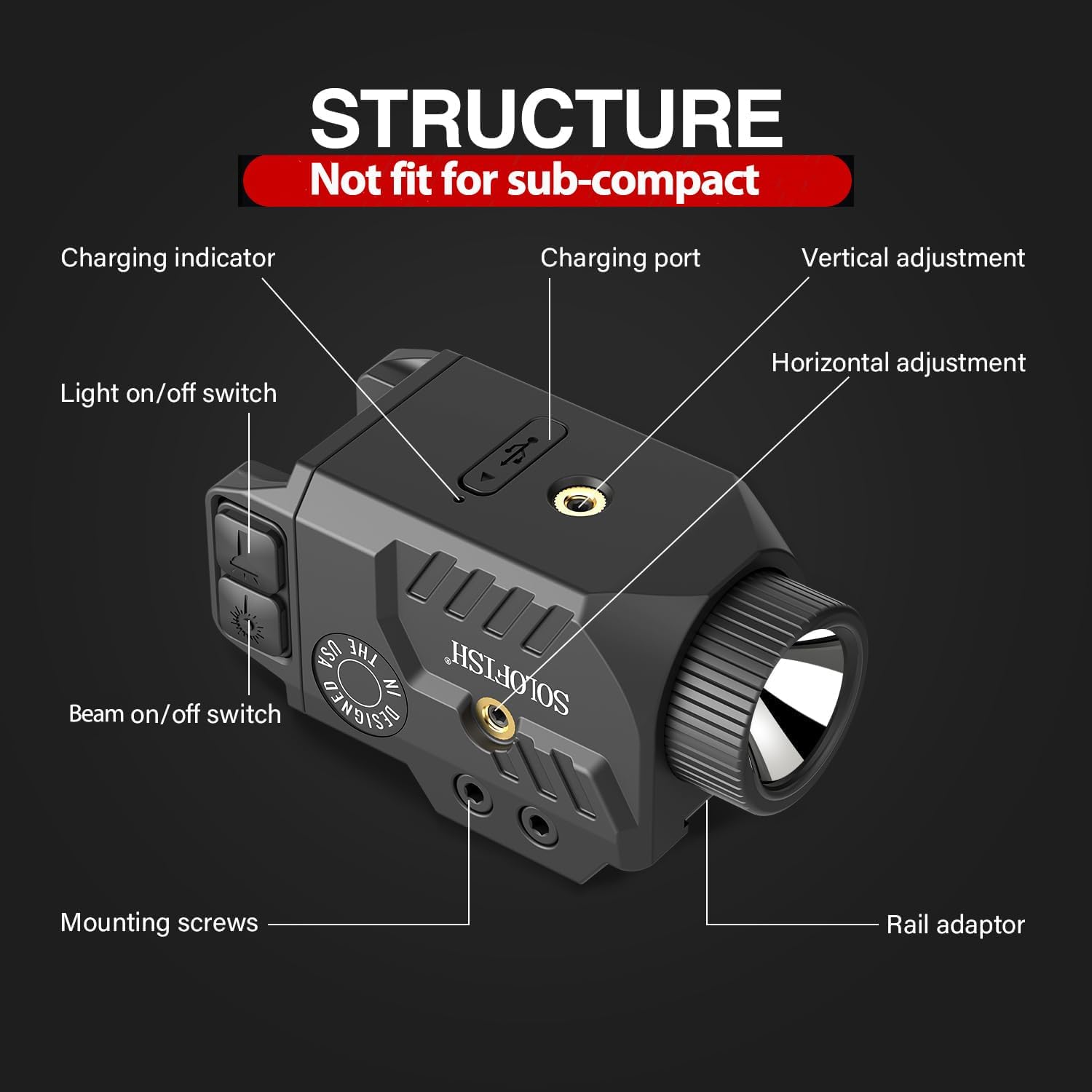 Solofish 800lm Pistol Light Laser Combo with Adjustable Rail, Shockproof Green Laser Sight and Gun Light with Strobe Function, Rechargeable 800lm Green Laser Light Combo Slidable Rail - Green