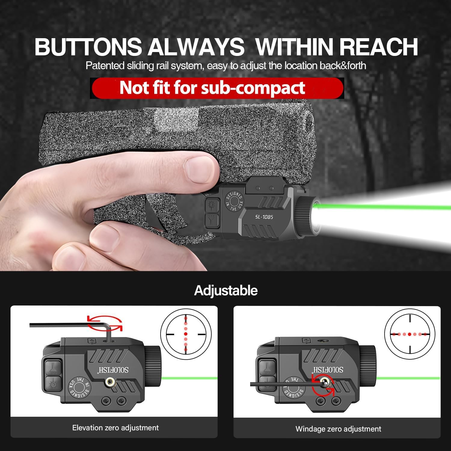 Solofish 800lm Pistol Light Laser Combo with Adjustable Rail, Shockproof Green Laser Sight and Gun Light with Strobe Function, Rechargeable 800lm Green Laser Light Combo Slidable Rail - Green