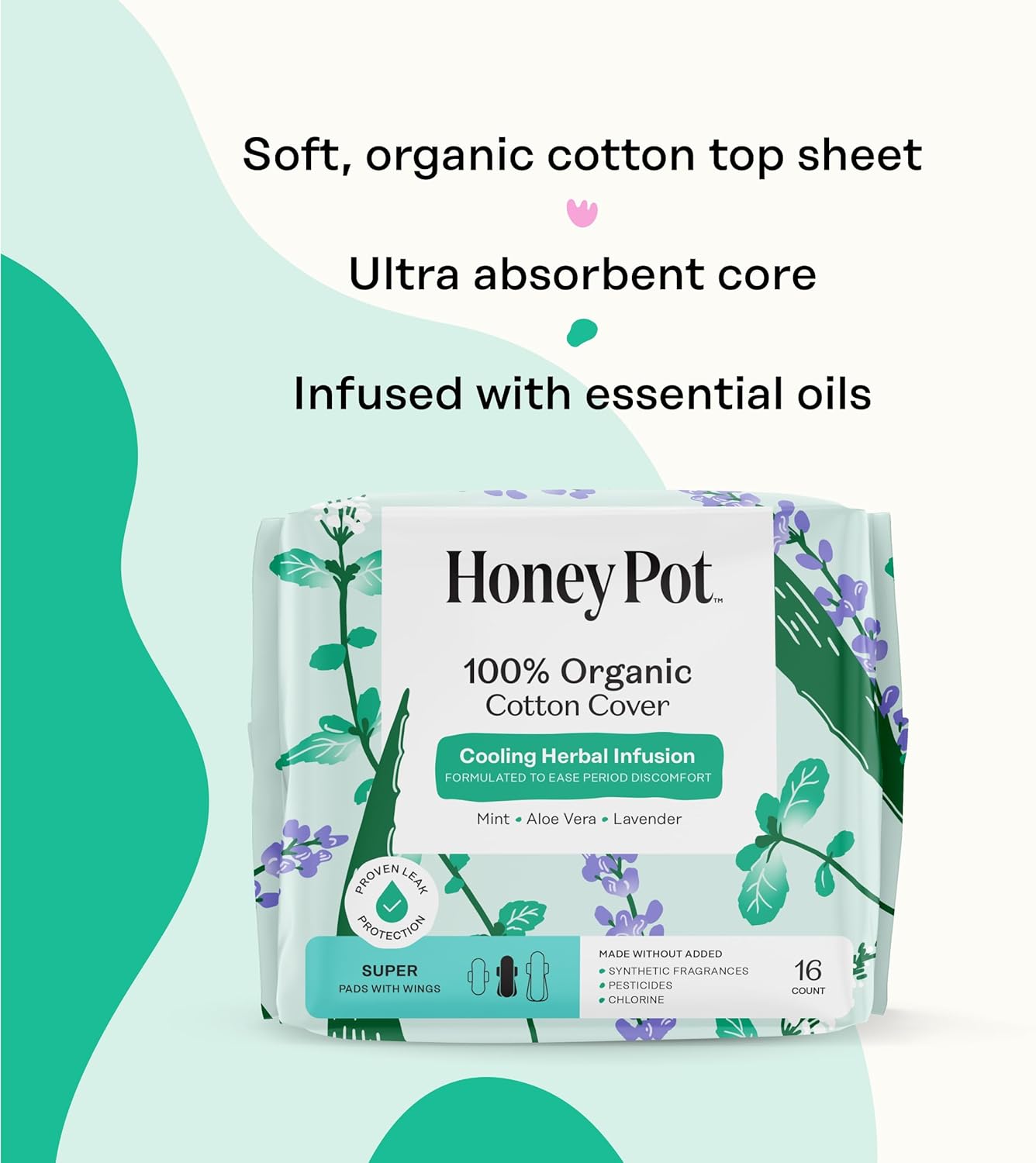 The Honey Pot Company - Herbal Pads for Women - Super w/Wings - Infused w/Essential Oils for Cooling Effect, Organic Cotton Cover, & Ultra-Absorbent Pulp Core - Feminine Care - 16 ct 16 Count (Pack of 1) Herbal Super Flow