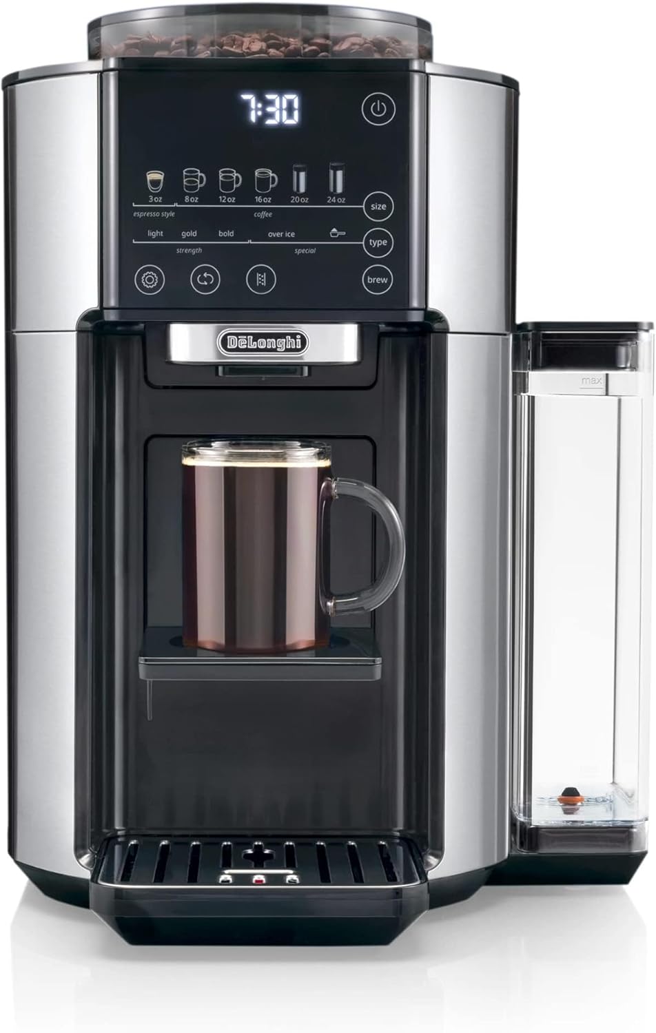 De'Longhi TrueBrew Drip Coffee Maker, Built in Grinder, Single Serve, 8 oz to 24 oz, Hot or Iced Coffee, Stainless, CAM51025MB Automatic Drip Coffee