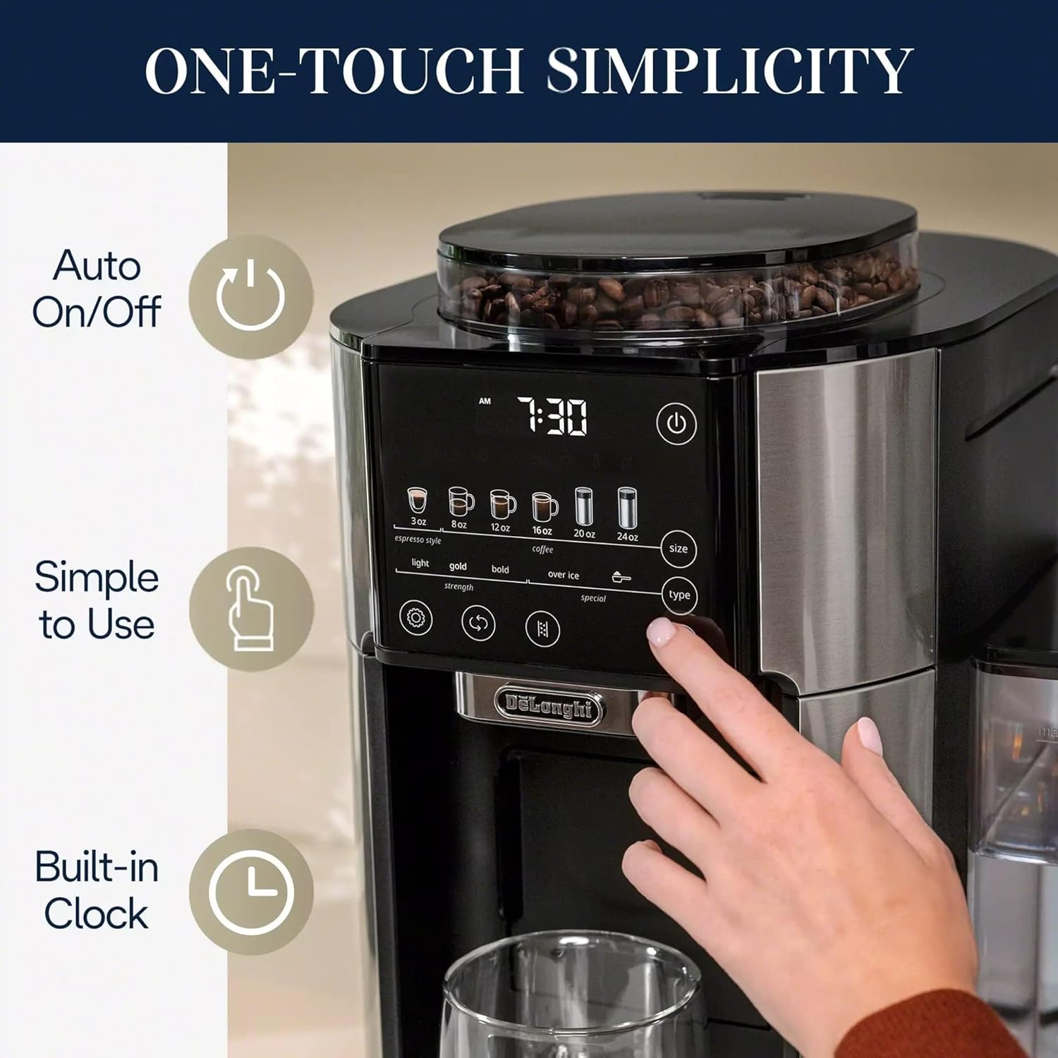 De'Longhi TrueBrew Drip Coffee Maker, Built in Grinder, Single Serve, 8 oz to 24 oz, Hot or Iced Coffee, Stainless, CAM51025MB Automatic Drip Coffee