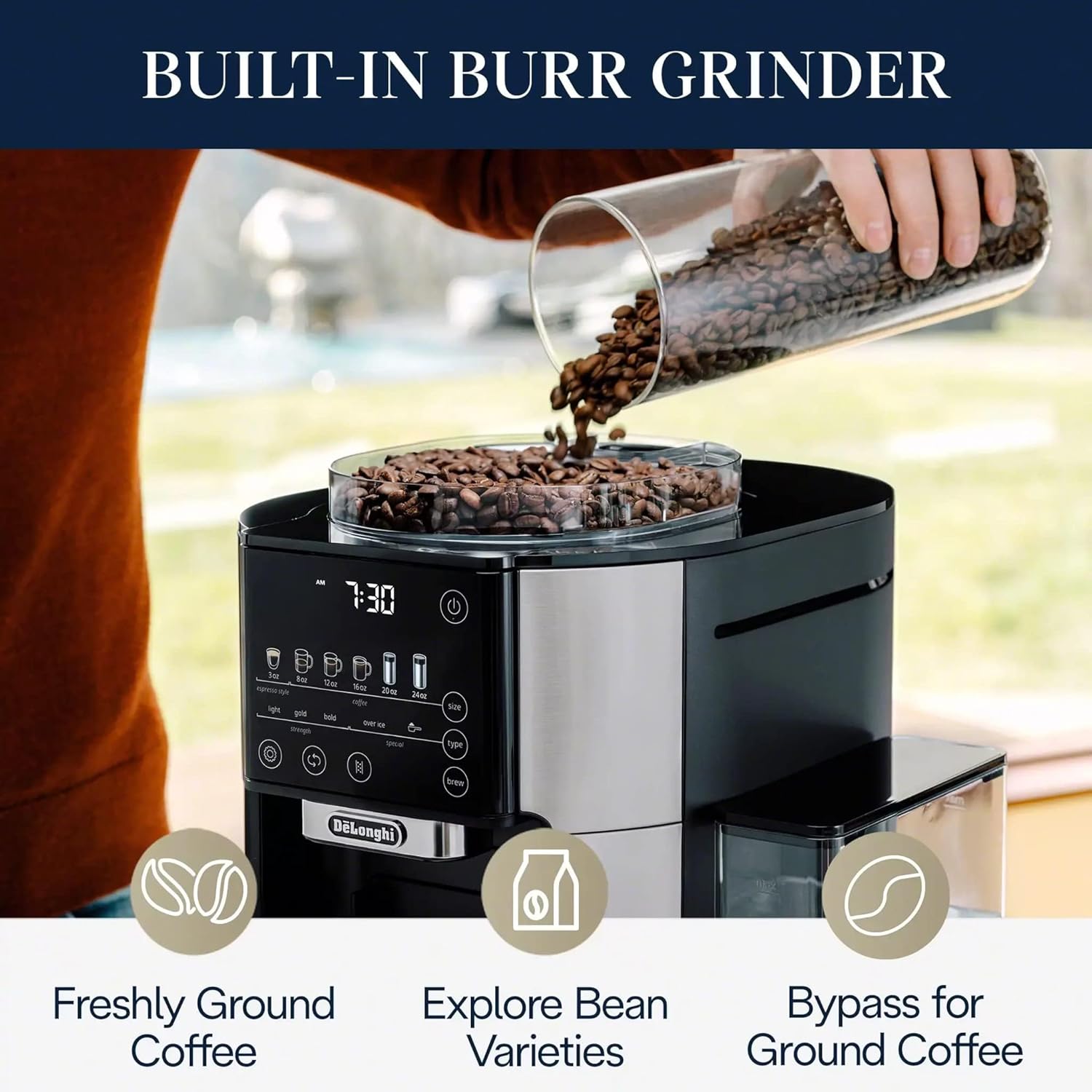 De'Longhi TrueBrew Drip Coffee Maker, Built in Grinder, Single Serve, 8 oz to 24 oz, Hot or Iced Coffee, Stainless, CAM51025MB Automatic Drip Coffee