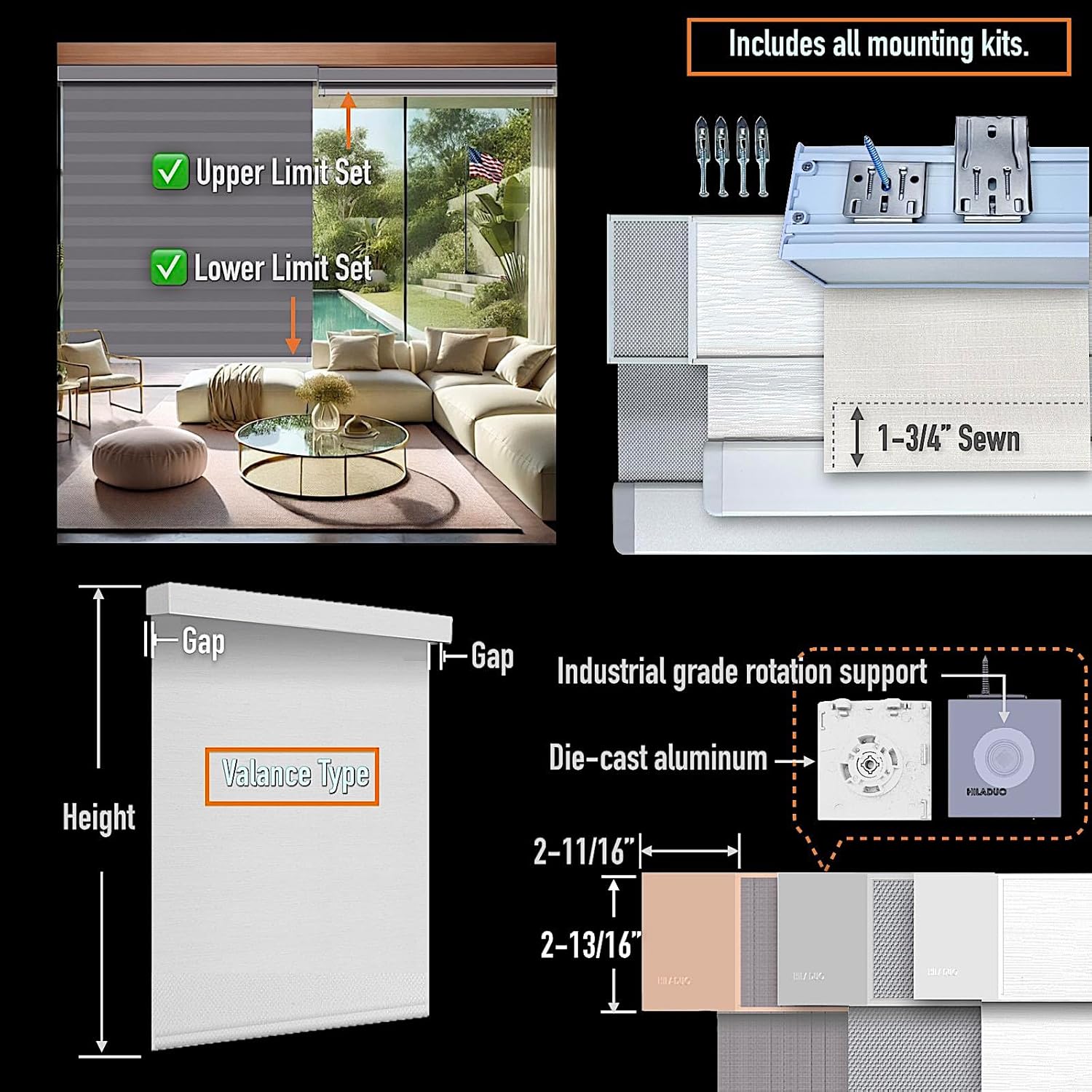 HILADUO Motorized Roller Blinds Customized Size Width 20-105 Inches Window Roller Shades with Fabric Insert Aluminum Valance Style, Rechargeable Roller Shades with Built-in Zigbee Battery Motor Bright White - Bo Aluminum Valance