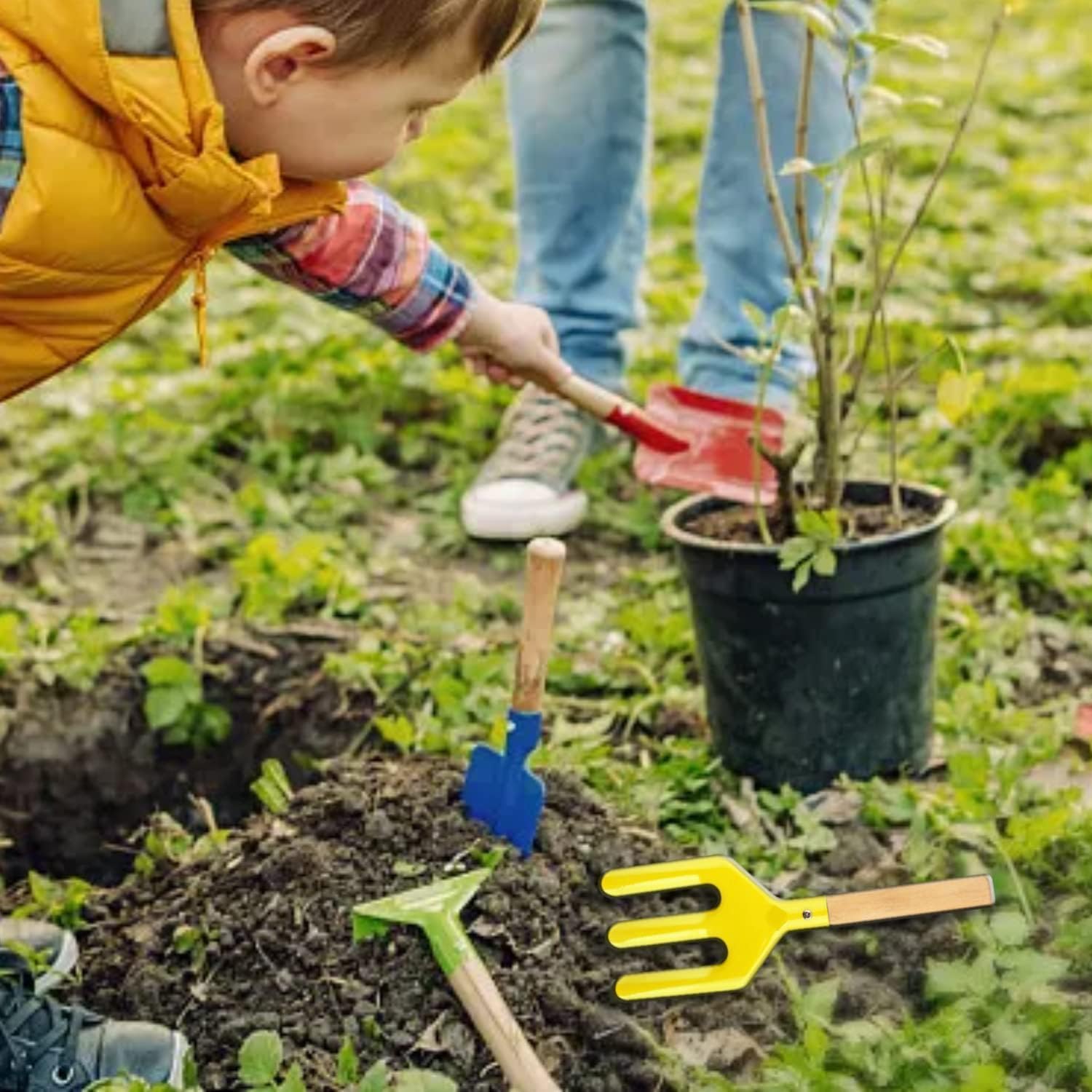 Beach Toys for Kids, 6Pcs 8'' Kids Gardening Tools Sand Toys Set, Metal Garden Tools with Sturdy Wooden Handle, Cylinder, Spoon, Fork, Rake, Flat & Pointed Shovel, Gifts for Children 6 Colors