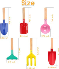 Beach Toys for Kids, 6Pcs 8'' Kids Gardening Tools Sand Toys Set, Metal Garden Tools with Sturdy Wooden Handle, Cylinder, Spoon, Fork, Rake, Flat & Pointed Shovel, Gifts for Children 6 Colors