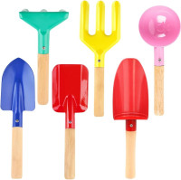 Beach Toys for Kids, 6Pcs 8'' Kids Gardening Tools Sand Toys Set, Metal Garden Tools with Sturdy Wooden Handle, Cylinder, Spoon, Fork, Rake, Flat & Pointed Shovel, Gifts for Children 6 Colors