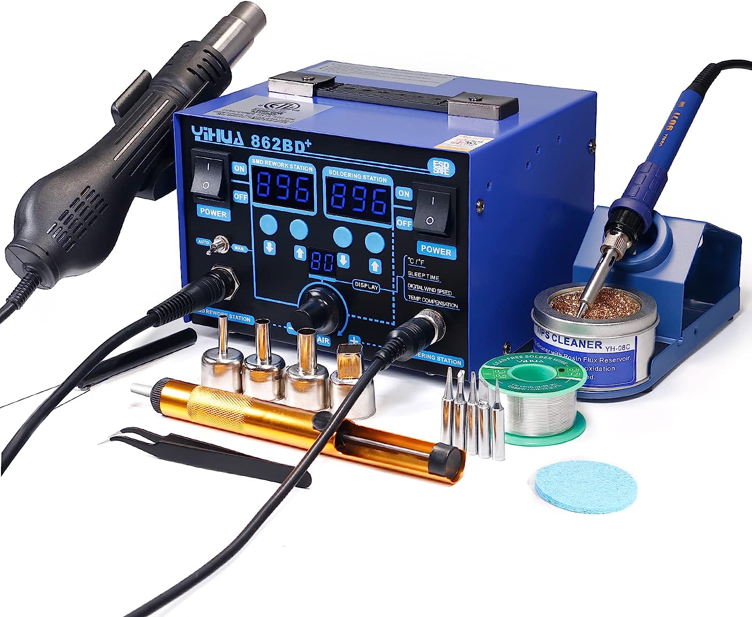 YIHUA 862BD+ SMD ESD Safe 2 in 1 Soldering Iron Hot Air Rework Station °F /°C with Multiple Functions