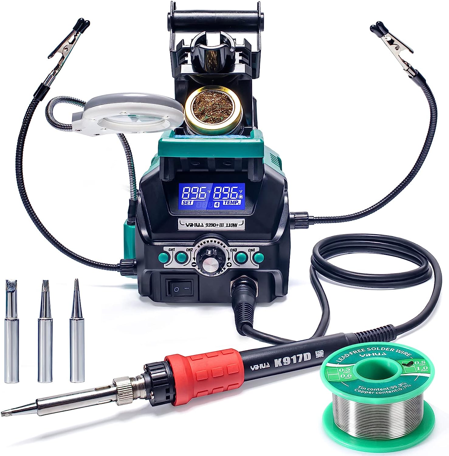 YIHUA 939D+ III EVO Digital Soldering Iron Station Kit 110W High Power with LCD display, 4 Memory Channels, Sleep Mode, Digital Calibration, Solder Wire, Helping Hands, Magnifier, 3 Soldering Tips EVO Style 110W