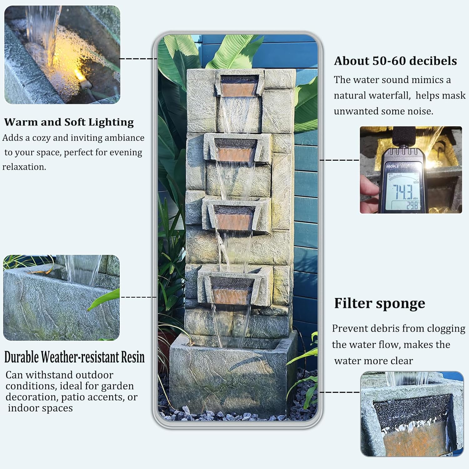 SERBILHOME Water Fountain Outdoor Garden Fountains Outdoor and Waterfalls 41.14 Inches Modern Cascading Floor-Standing Indoor Outdoor Fountain Decor Any Home or Garden, Office