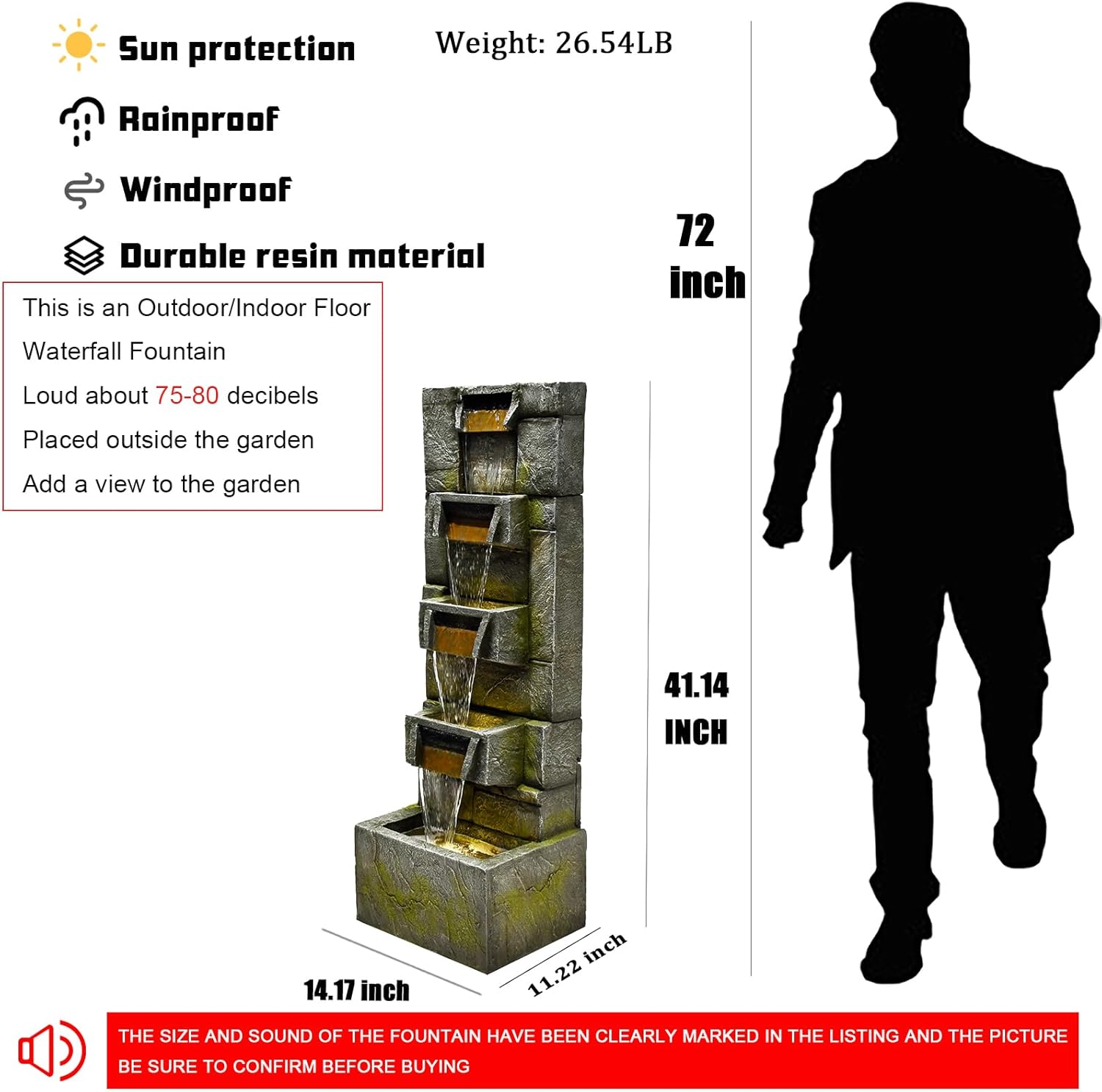 SERBILHOME Water Fountain Outdoor Garden Fountains Outdoor and Waterfalls 41.14 Inches Modern Cascading Floor-Standing Indoor Outdoor Fountain Decor Any Home or Garden, Office