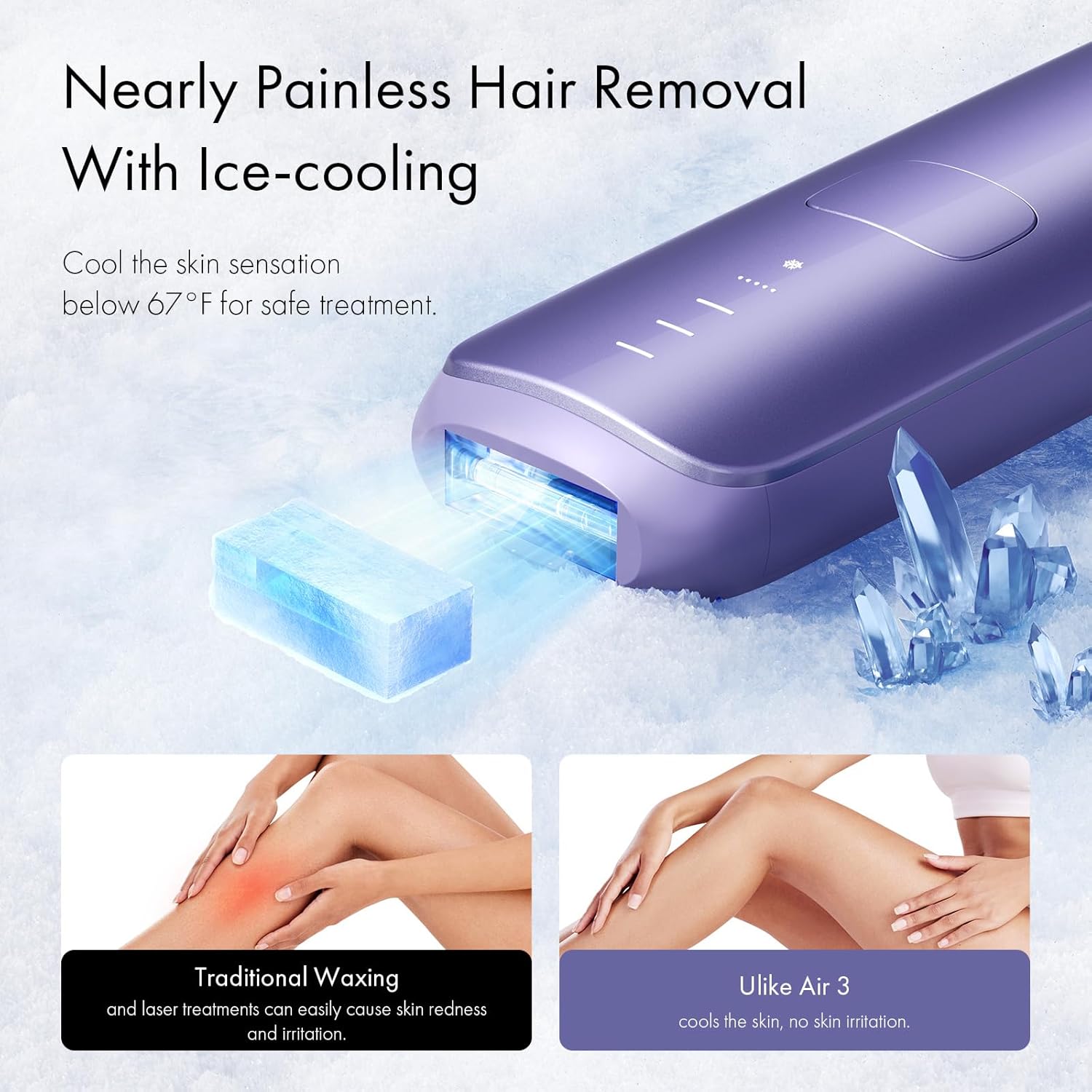 Ulike Laser Hair Removal for Women and Men, Air 3 Ice-Cooling IPL Hair Removal Device for Nearly Painless & Long-Lasting Results, 3 Modes & Auto Flashing for Fast Full Body Hair Removal from Home Purple