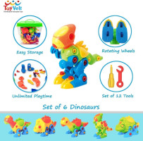 ToyVelt Dinosaur Take Apart Stem Toys for Boys & Girls Age 3 - 12 Years Old - (218 Pieces) Pack of 6 Dinosaurs, with 12 Tools and a Useful Toy Storage Container 6 Pack