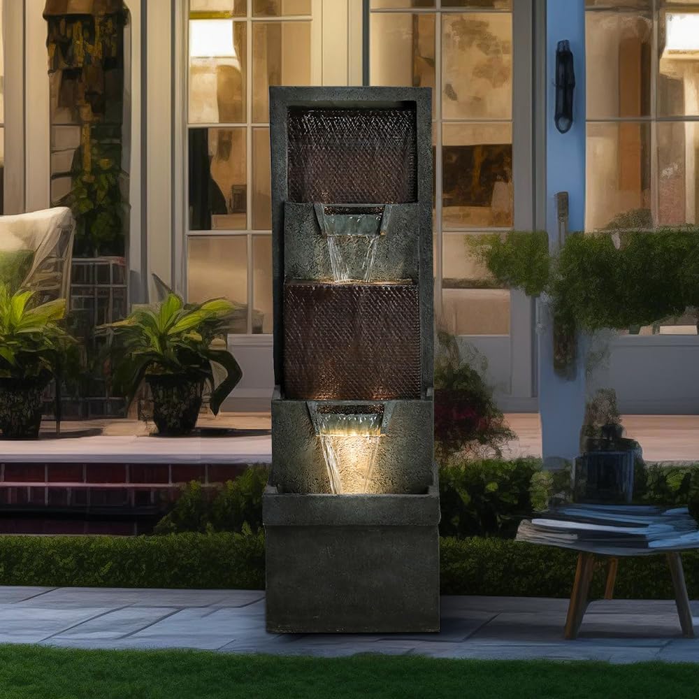 39.3''H Outdoor Garden Modern Water Fountain Decor, Outdoor Waterfall Resin Fountain for Garden, Floor Patio, Deck, Porch, Backyard and Home Art Decor Gray
