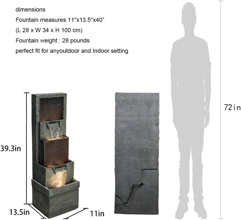 39.3''H Outdoor Garden Modern Water Fountain Decor, Outdoor Waterfall Resin Fountain for Garden, Floor Patio, Deck, Porch, Backyard and Home Art Decor Gray
