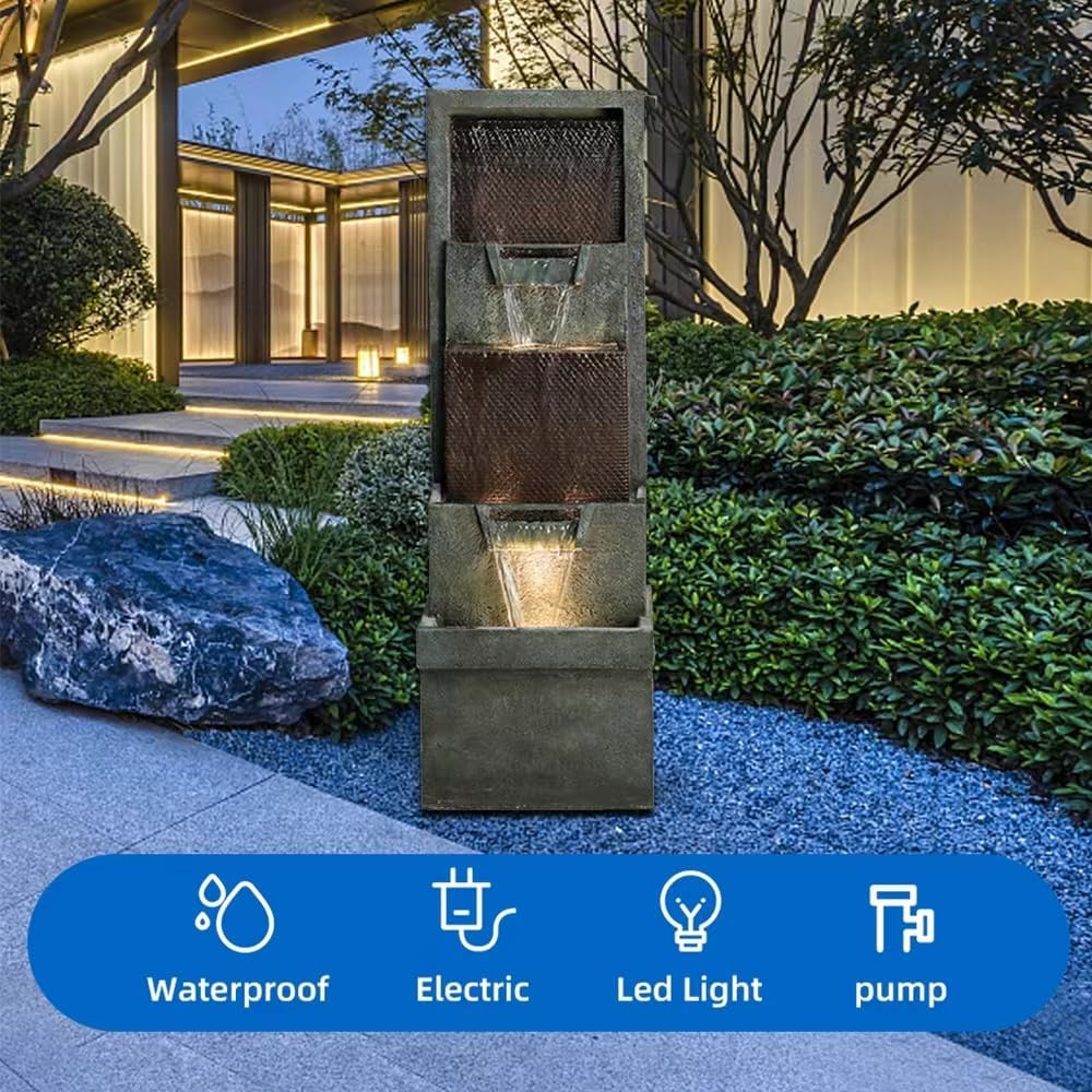 39.3''H Outdoor Garden Modern Water Fountain Decor, Outdoor Waterfall Resin Fountain for Garden, Floor Patio, Deck, Porch, Backyard and Home Art Decor Gray