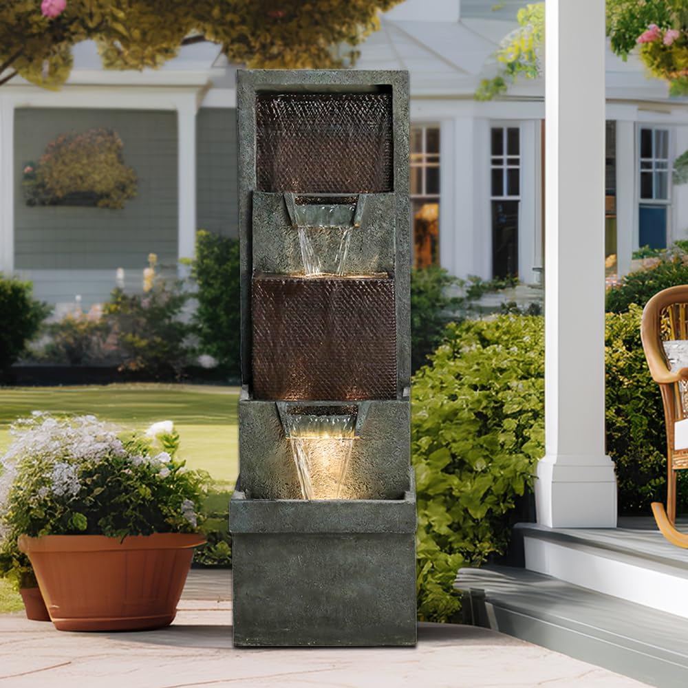 39.3''H Outdoor Garden Modern Water Fountain Decor, Outdoor Waterfall Resin Fountain for Garden, Floor Patio, Deck, Porch, Backyard and Home Art Decor Gray