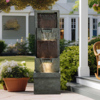39.3''H Outdoor Garden Modern Water Fountain Decor, Outdoor Waterfall Resin Fountain for Garden, Floor Patio, Deck, Porch, Backyard and Home Art Decor Gray