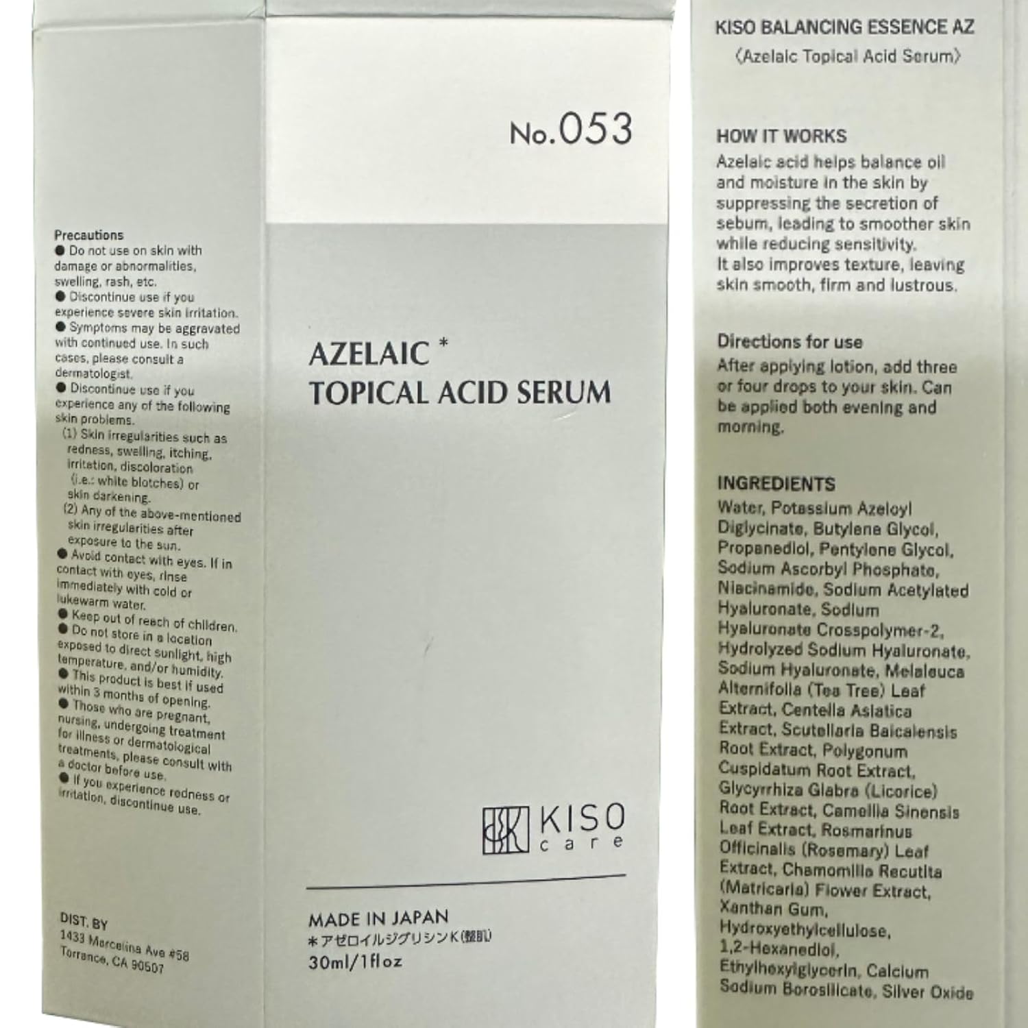 KisoCare Azelaic Acid for Face 15% Serum Niacinamide Vitamin C BALANCING ESSENCE AZ 1 Fl Oz MADE IN JAPAN