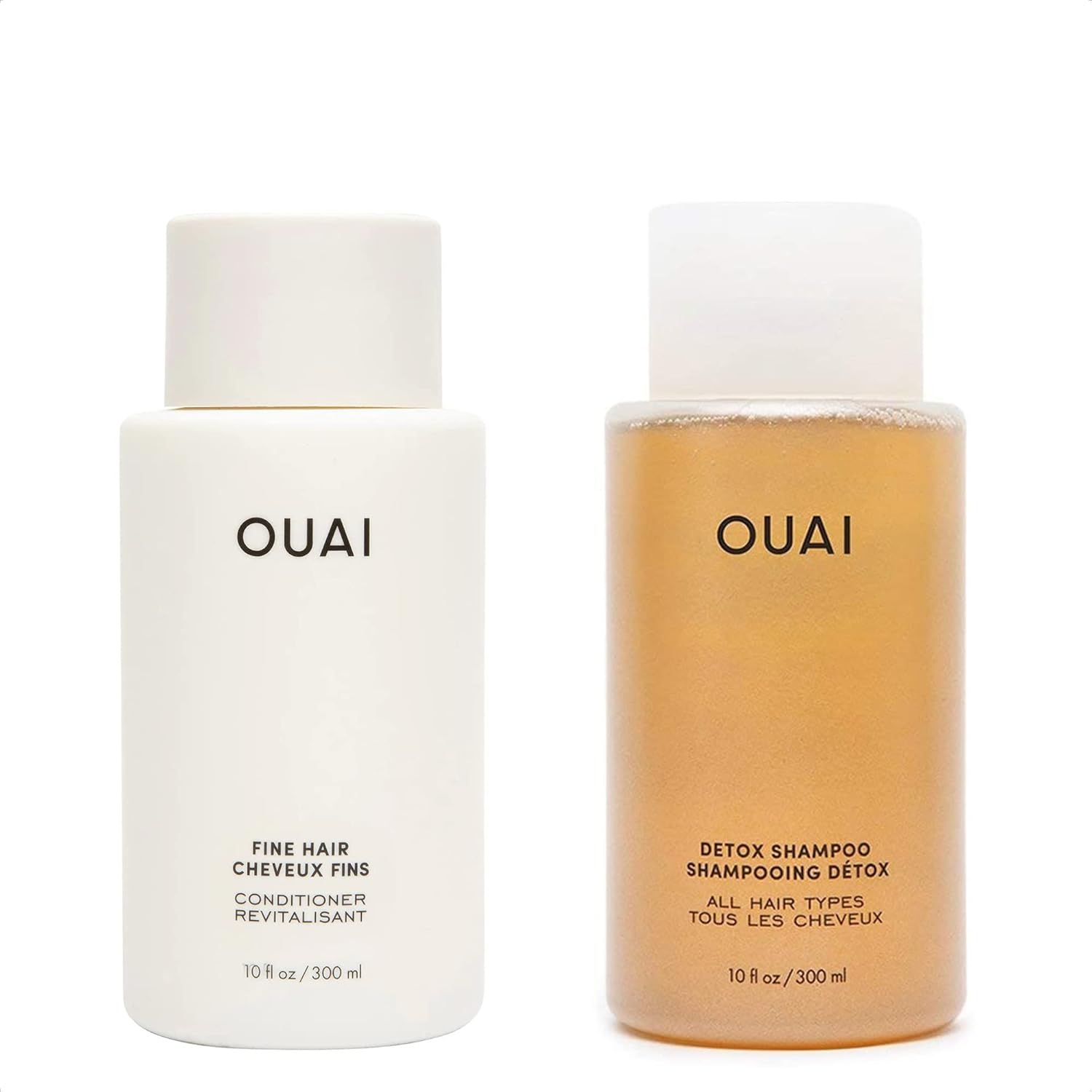 OUAI Fine Hair Detox Shampoo & Conditioner Bundle - Volumizing Hair Care Set for Added Softness, Bounce & Removing Product Build Up (2 x 10 Oz)