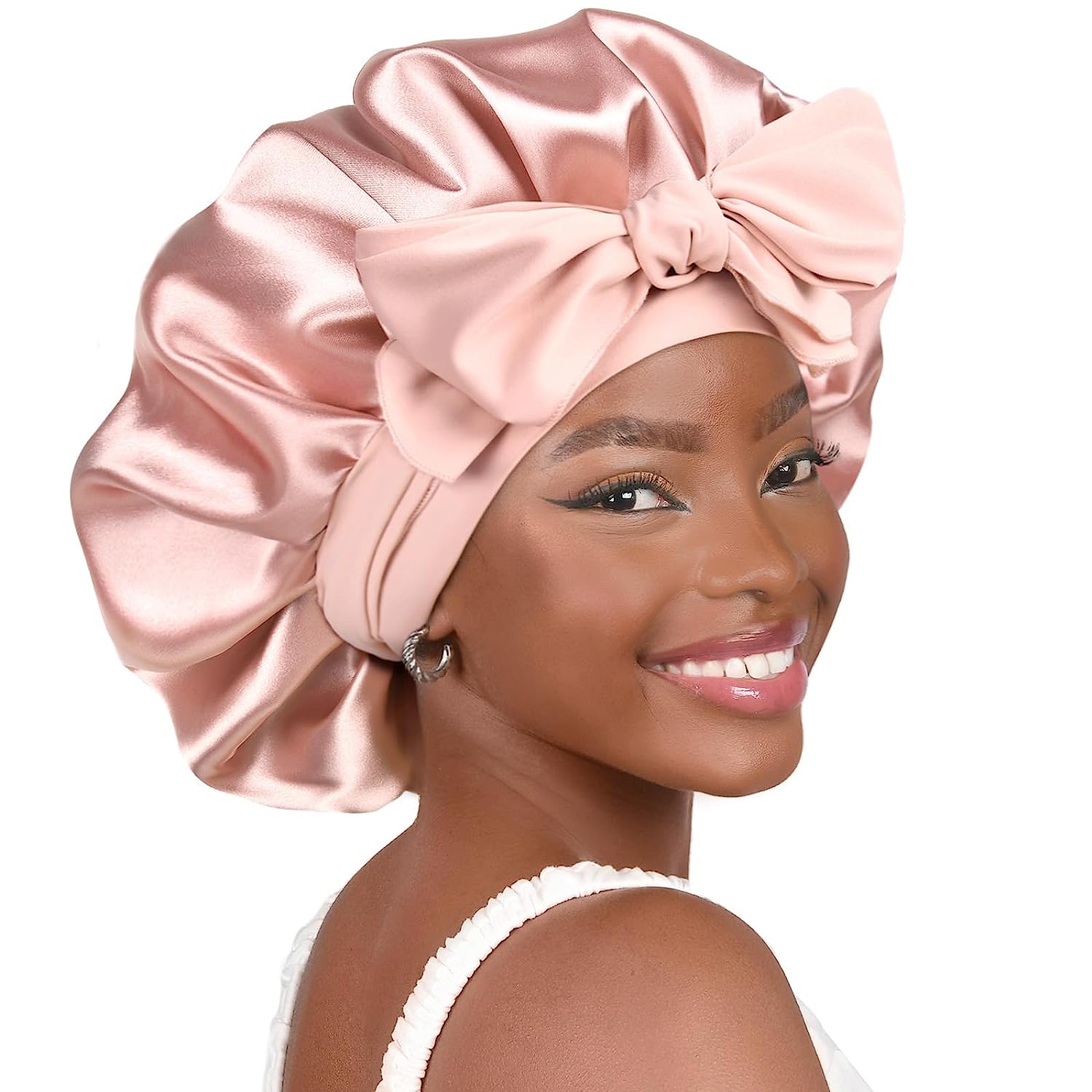 YANIBEST Satin Bonnet Silk Bonnet for Sleeping Double Layer Satin Lined Hair Bonnet with Tie Band Bonnets for Women Curly Hair Blush Pink Large Blush Pink