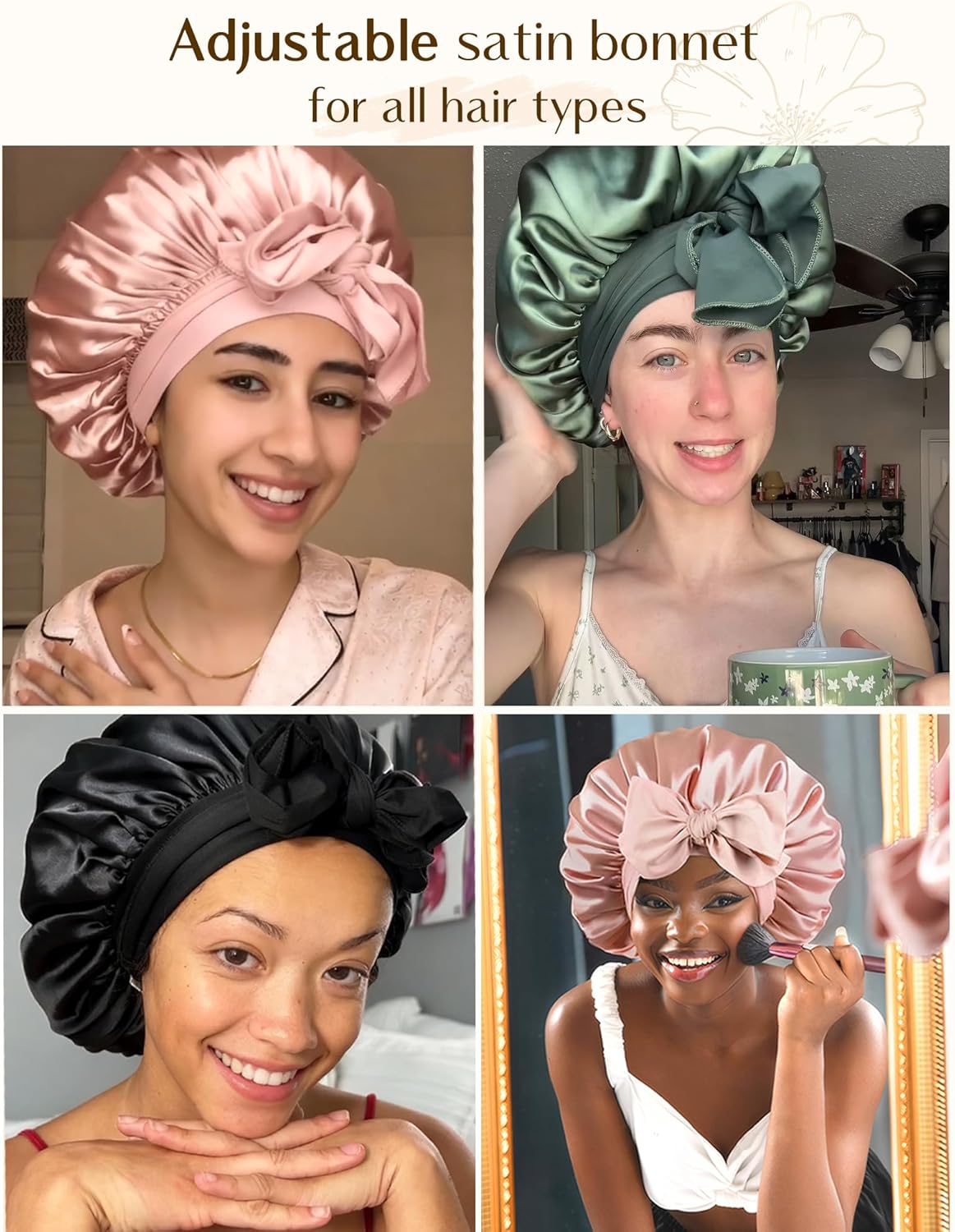 YANIBEST Silk Bonnet for Sleeping Women Adjustable Double Layer Satin Bonnet Reduce Friction Prevent Frizz Natural Curly Hair Large Blush Pink