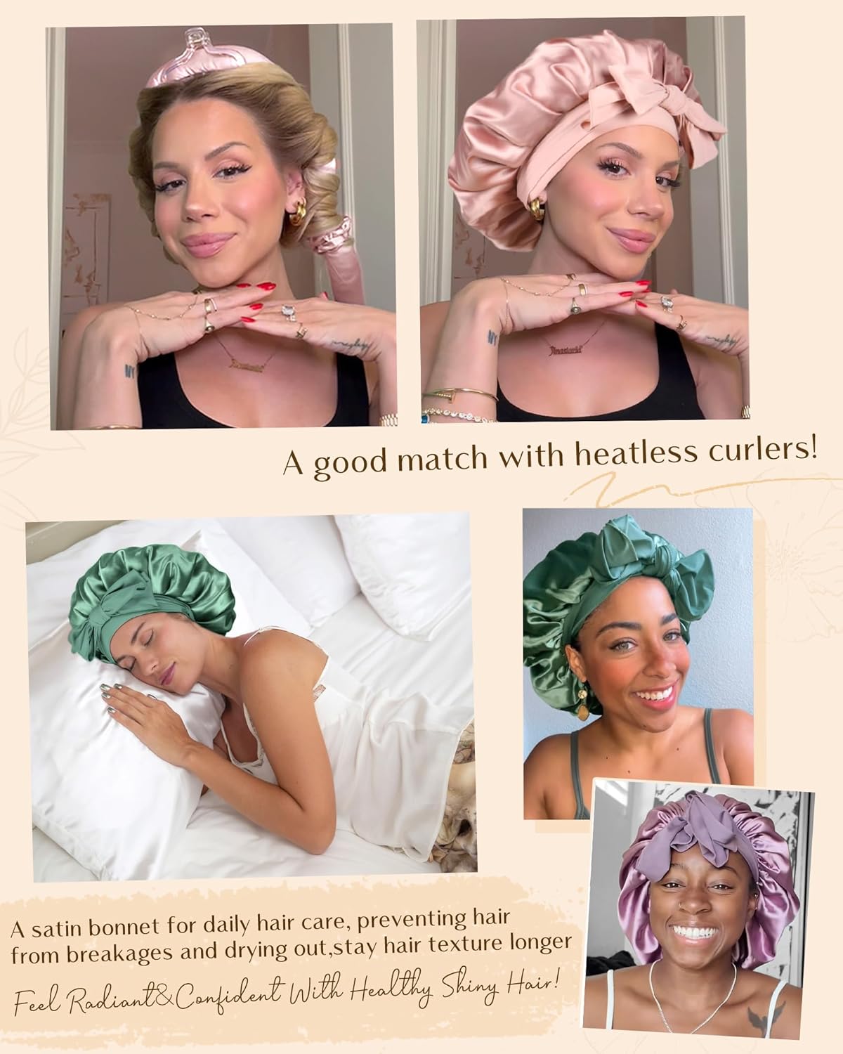 YANIBEST Adjustable Silk Bonnet for Sleeping Women Double Layer Satin Bonnet Reduce Friction Prevent Frizz Curly Hair Large Blush Pink