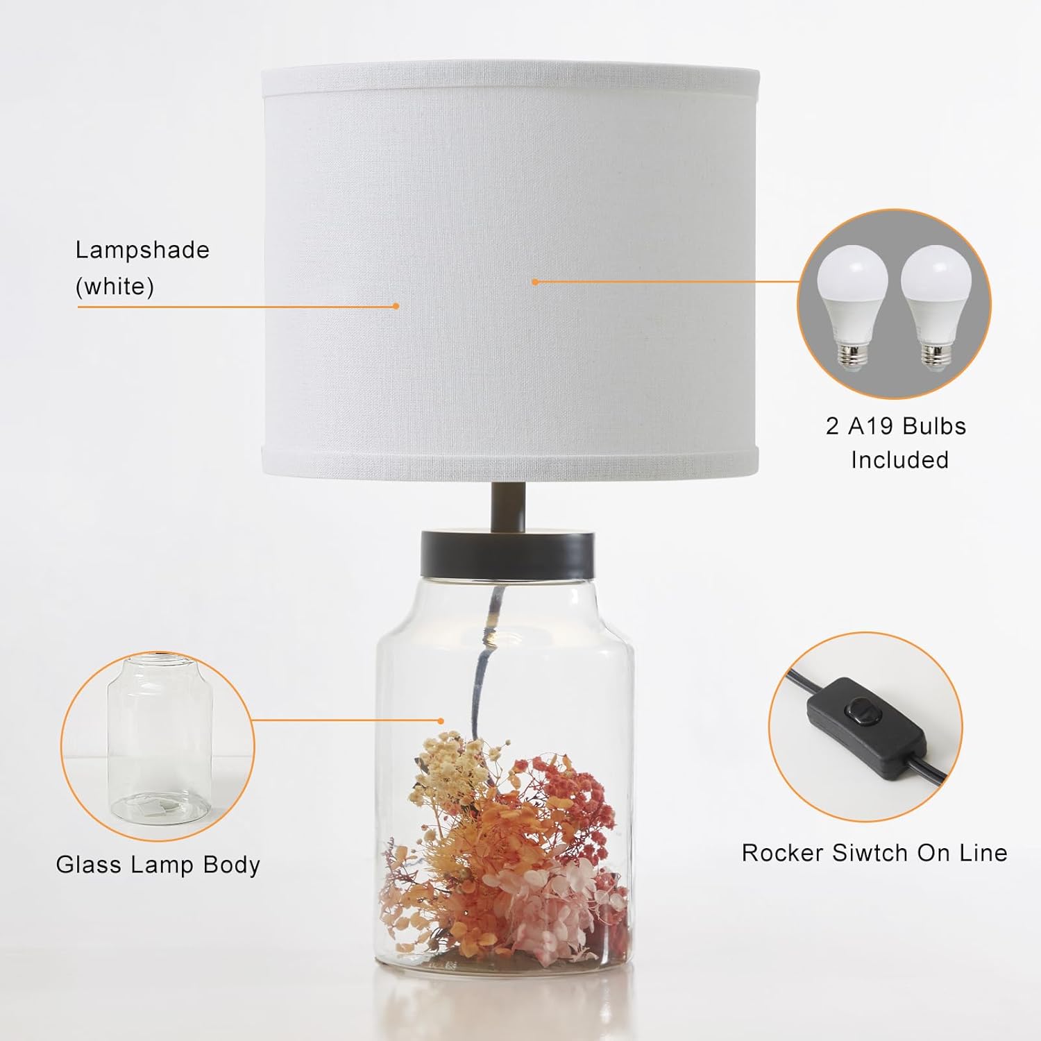 GyroVu Fillable Table Lamp, Bedside Lamp with Clear Glass Fillable Modern Table Lamp with White Lampshade Beside Lamp for Living Room Bedrooms Office Bulbs Included(White)