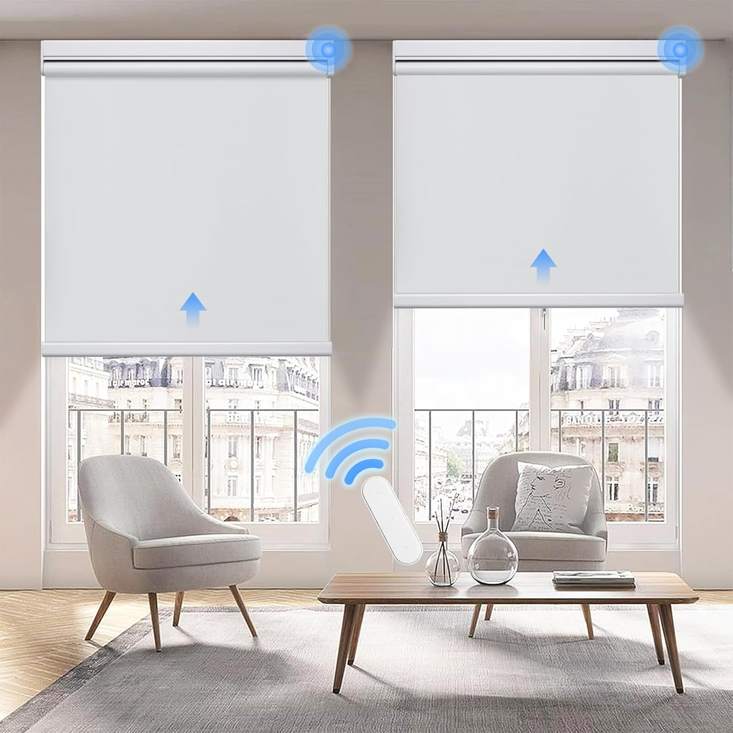 Grandekor Motorized Roller Shade with Remote Control,Motorized Blinds 100% Blackout Electric Shades, Cordless Window Blinds Shades for Bedroom Living Room Office,White,W27 xH72 White 27