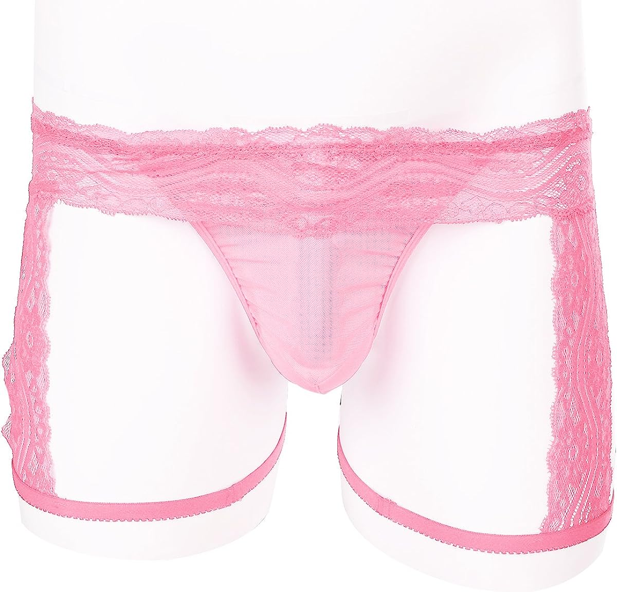 Men’s Lace G-String Thongs Mesh Bikini Underwear Boxer Briefs Sexy/Sissy Pouch Panties Lingerie Garters Underpants Medium Pink