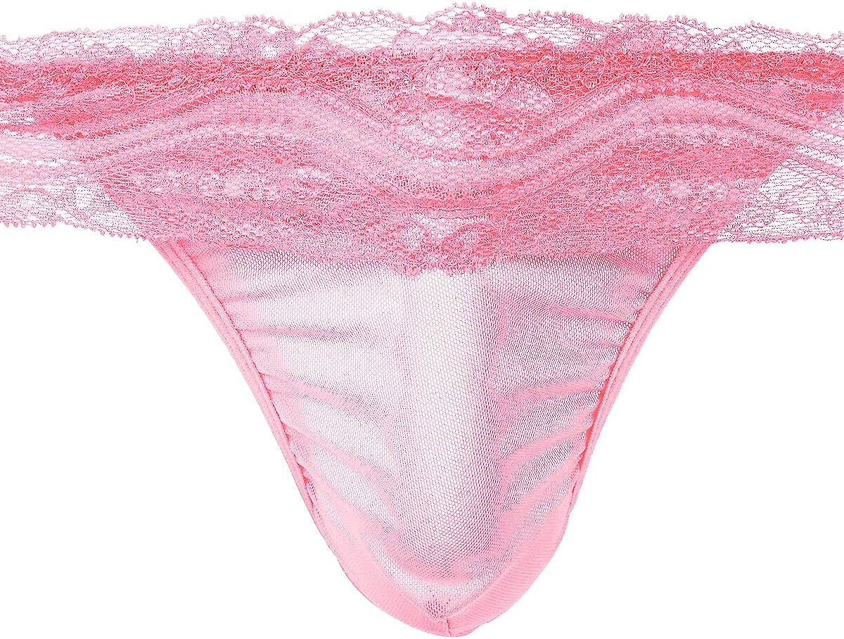 Men’s Lace G-String Thongs Mesh Bikini Underwear Boxer Briefs Sexy/Sissy Pouch Panties Lingerie Garters Underpants Medium Pink