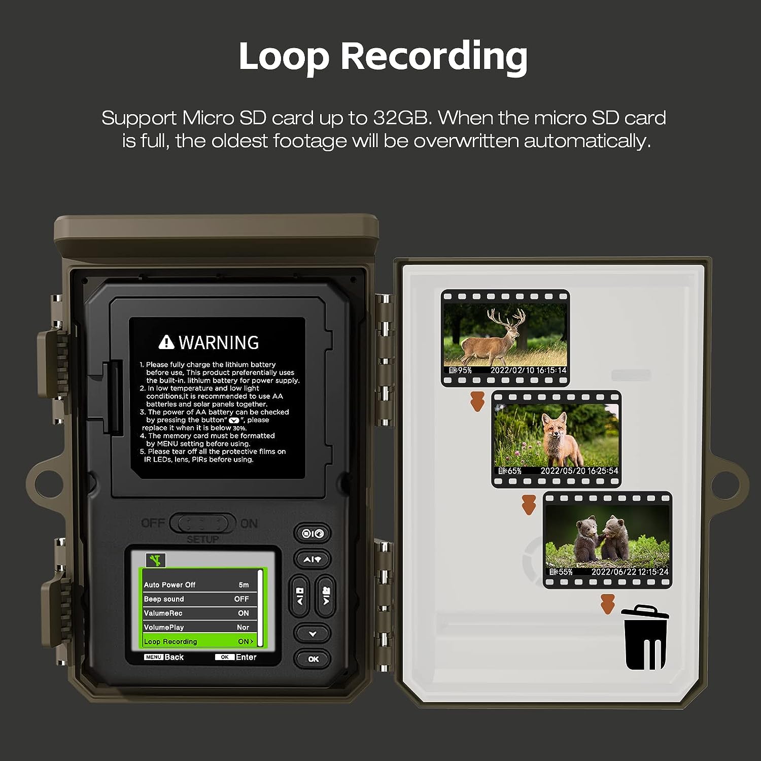 Trail Camera Solar Powered 32MP 1080P Game Camera 0.1s Trigger Time Built-in 4400mAh Battery Hunting Cam with Night Vision Motion Activated IP66 Waterproof Loop Recording for Wildlife Monitoring Brown Green