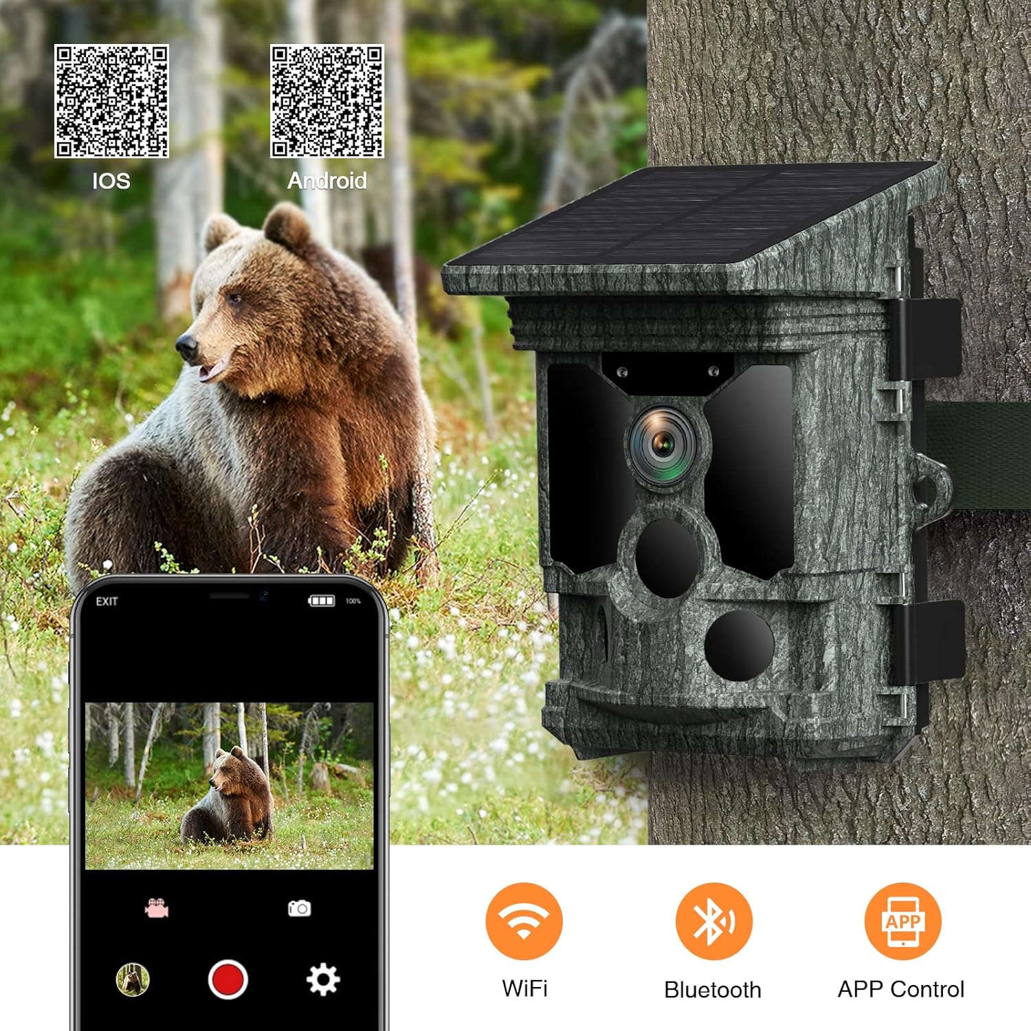 VOOPEAK Solar Trail Camera 4K 30fps, WiFi Bluetooth 36MP Game Camera, 120° Detection Angle Night Vision Motion Activated IP66 Waterproof