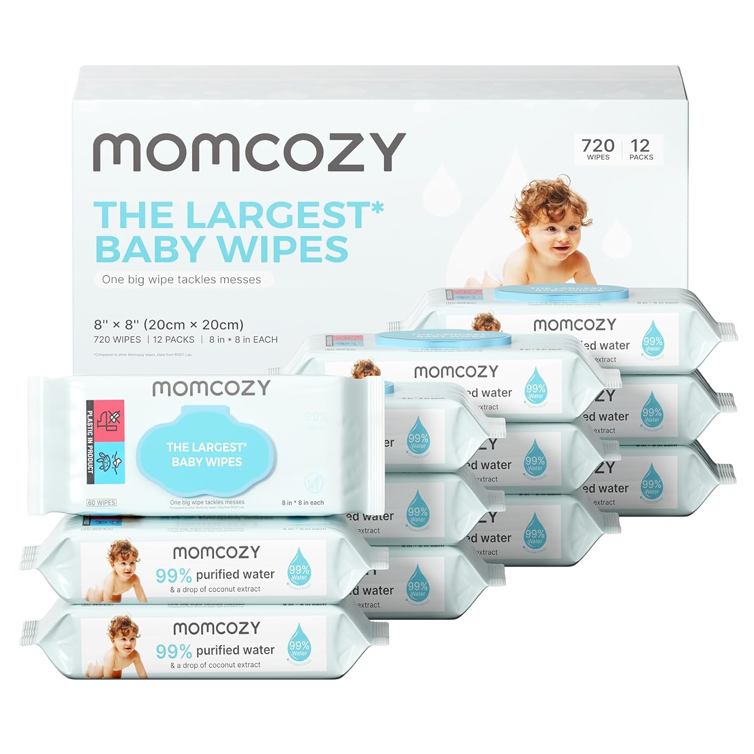 Momcozy Baby Wipes-Extra Large Size Design, 99% Water Based, Unscented & Hypoallergenic, Cleansing & Moisturizing Baby Wipes for Sensitive Skin, 12 Flip-Top Packs (720 Wipes Total) 60 Count (Pack of 12)