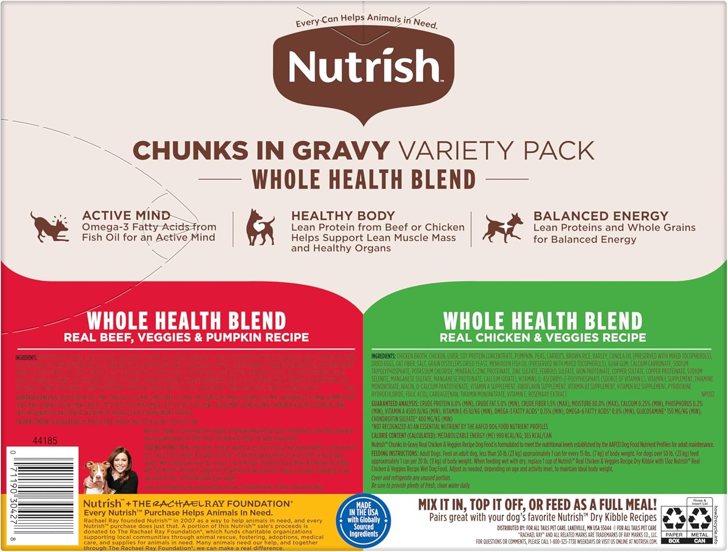 Nutrish Whole Health Blend Chunks in Gravy Variety Pack Wet Dog Food, 13 oz. Can, 12 Count (Rachael Ray) Chunks in Gravy Variety Pack 13 Ounce (Pack of 12)