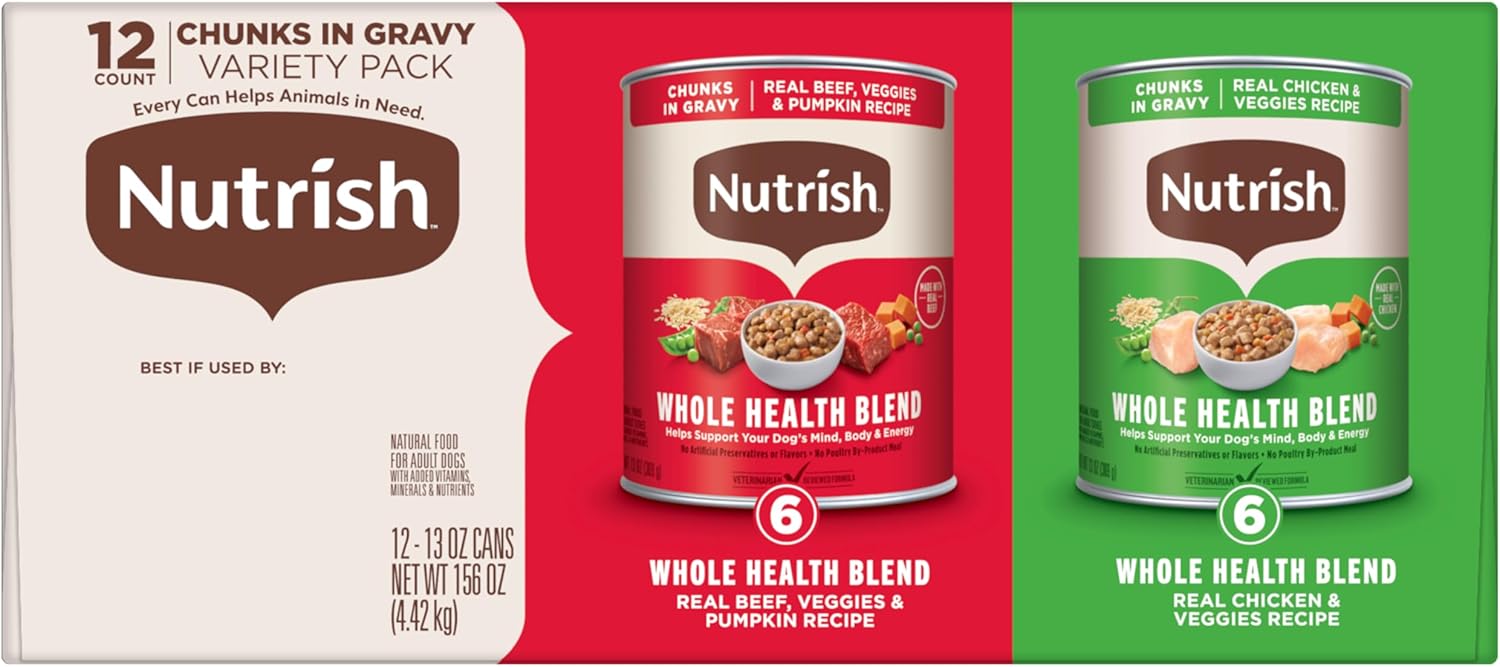 Nutrish Whole Health Blend Chunks in Gravy Variety Pack Wet Dog Food, 13 oz. Can, 12 Count (Rachael Ray) Chunks in Gravy Variety Pack 13 Ounce (Pack of 12)
