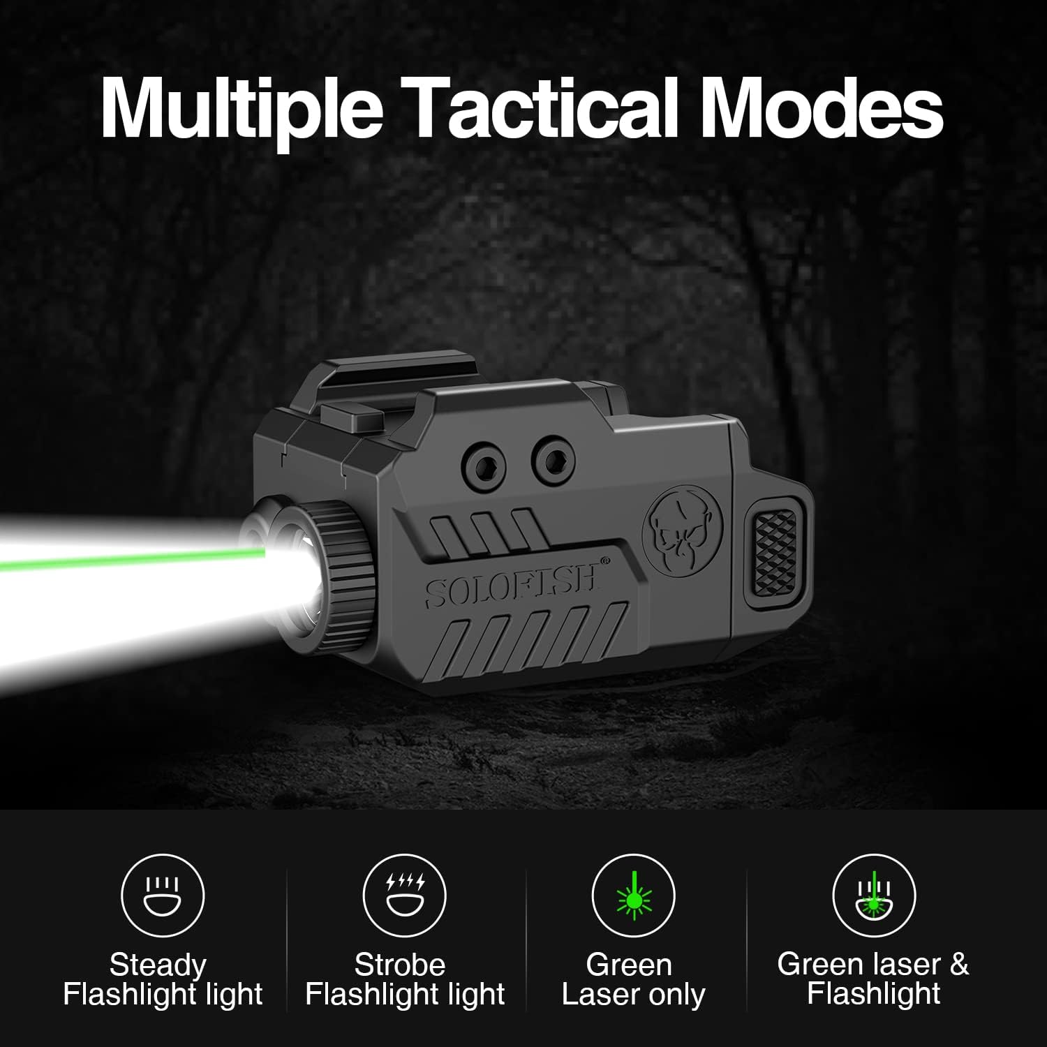 Solofish 500lm Tactical Flashlight Compatible for Compact with Rail, Green/Red/Blue Beam and White LED Combo with Strobe 450lm Green Laser Light Combo Slidable Rail - Green