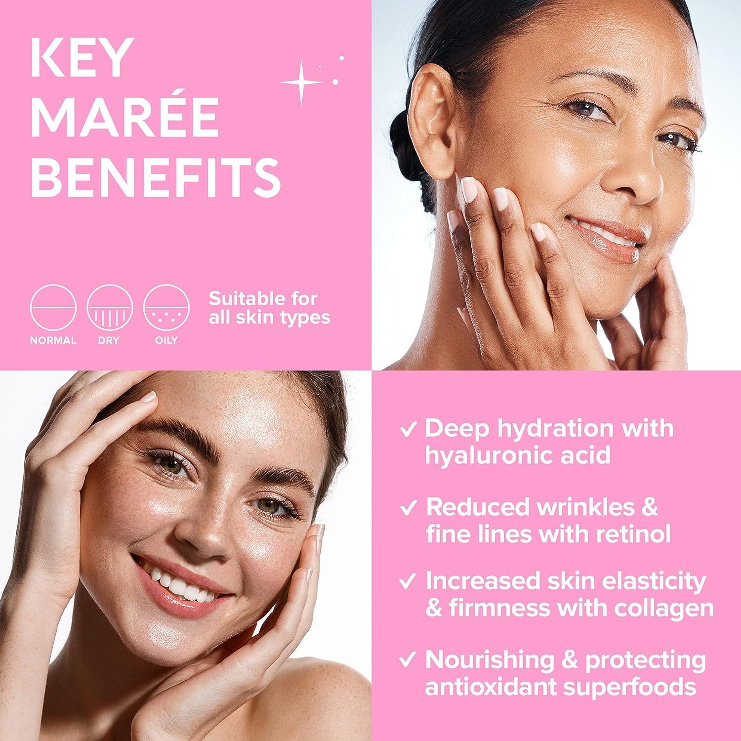 MAREE Face Moisturizer - Collagen Cream for Women - Anti-Wrinkle Retinol Cream with Hyaluronic Acid - Day & Night Cream for Face - Instant Face Lift Cream with Hydrating & Firming Effect - 1.7oz